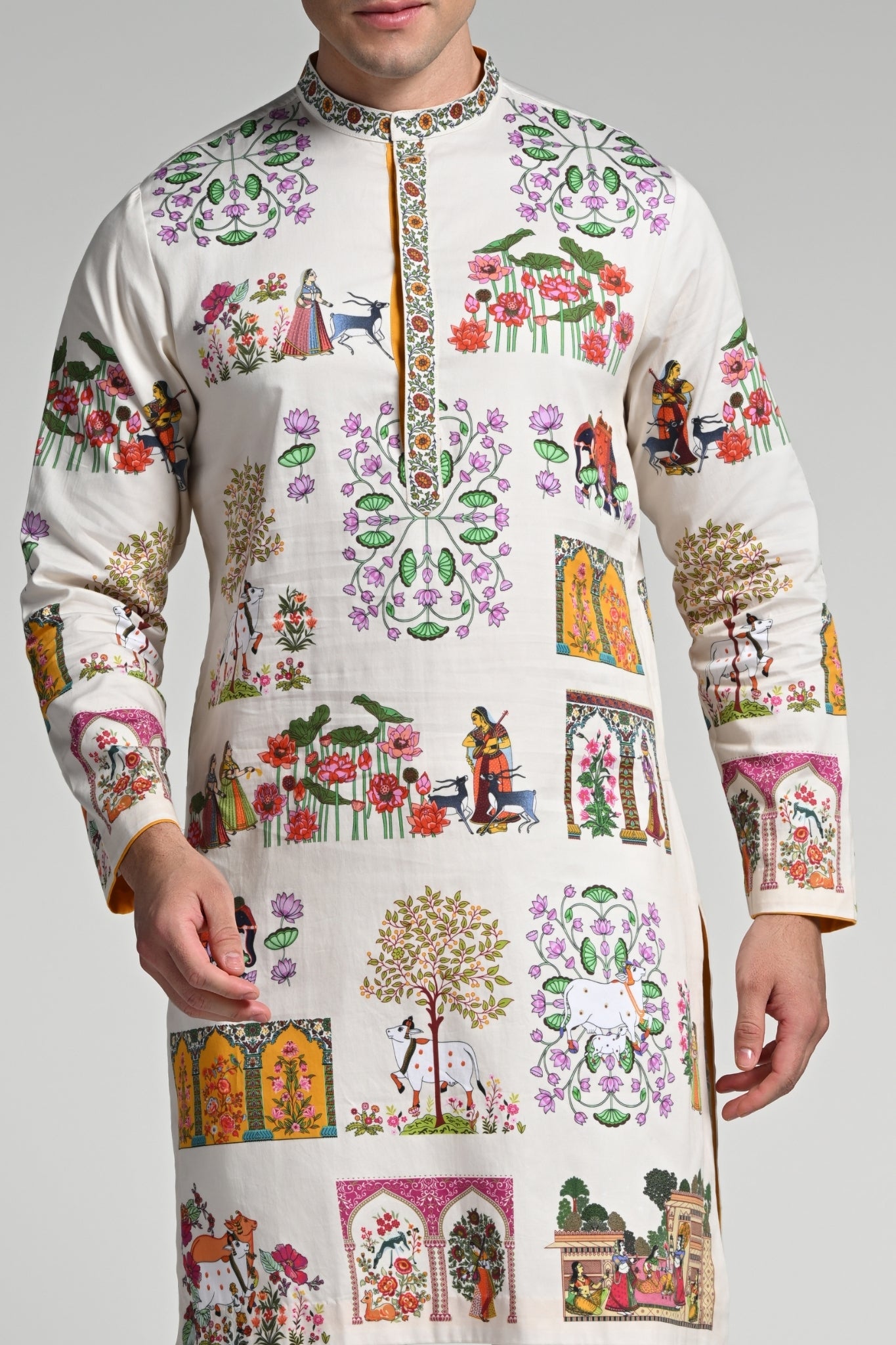 Printed Pichwai Art Kurta Pajama Set – Men's – View 7 | Taroob
