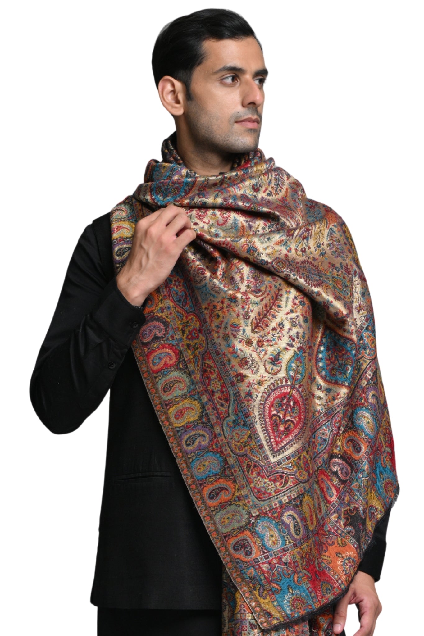 Regal Kashmiri Resham Reversible Shawl – Men's Zari Shawls – View 7 | Taroob