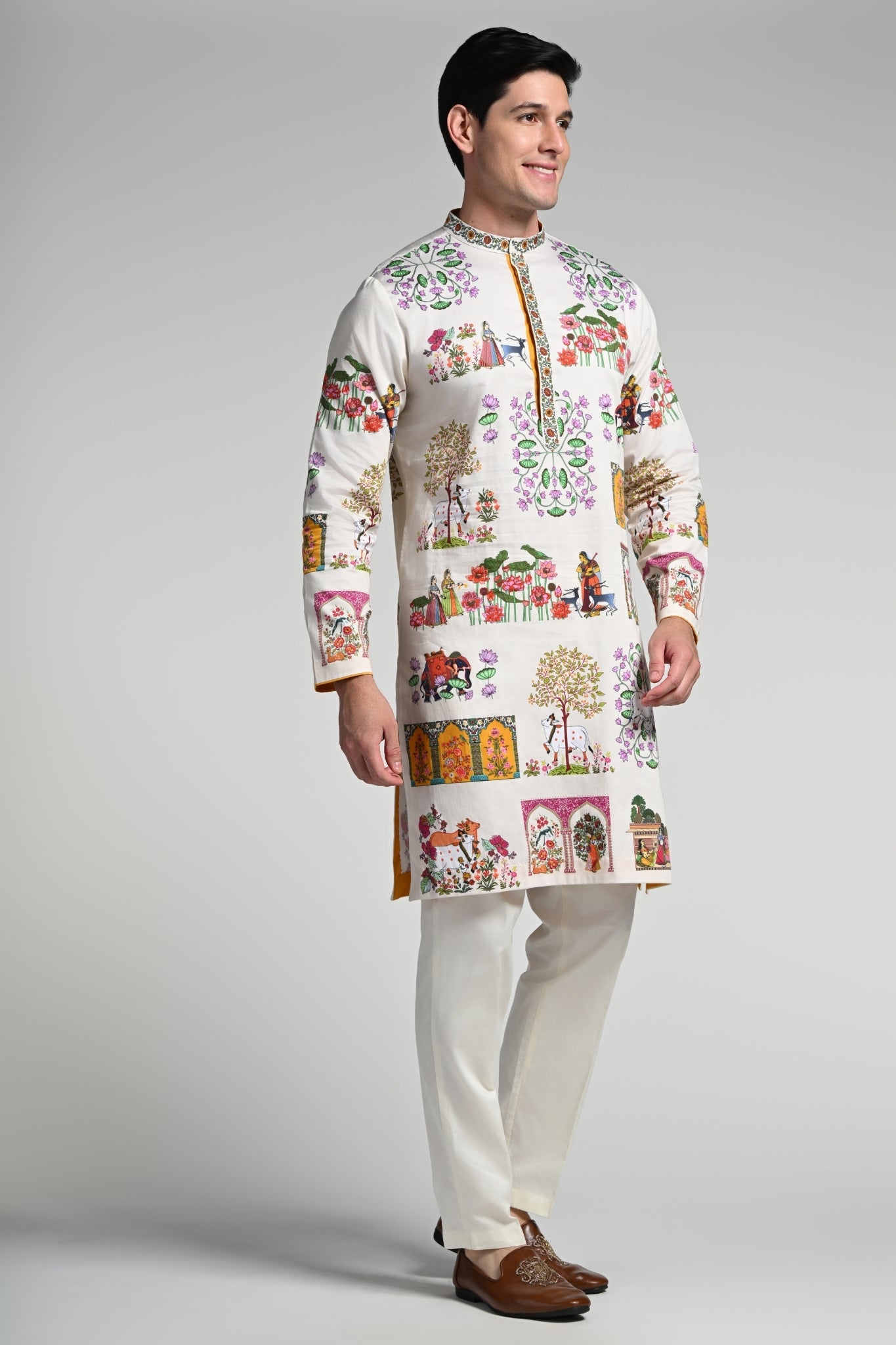 Printed Pichwai Art Kurta Pajama Set – Men's – Styling view | Taroob