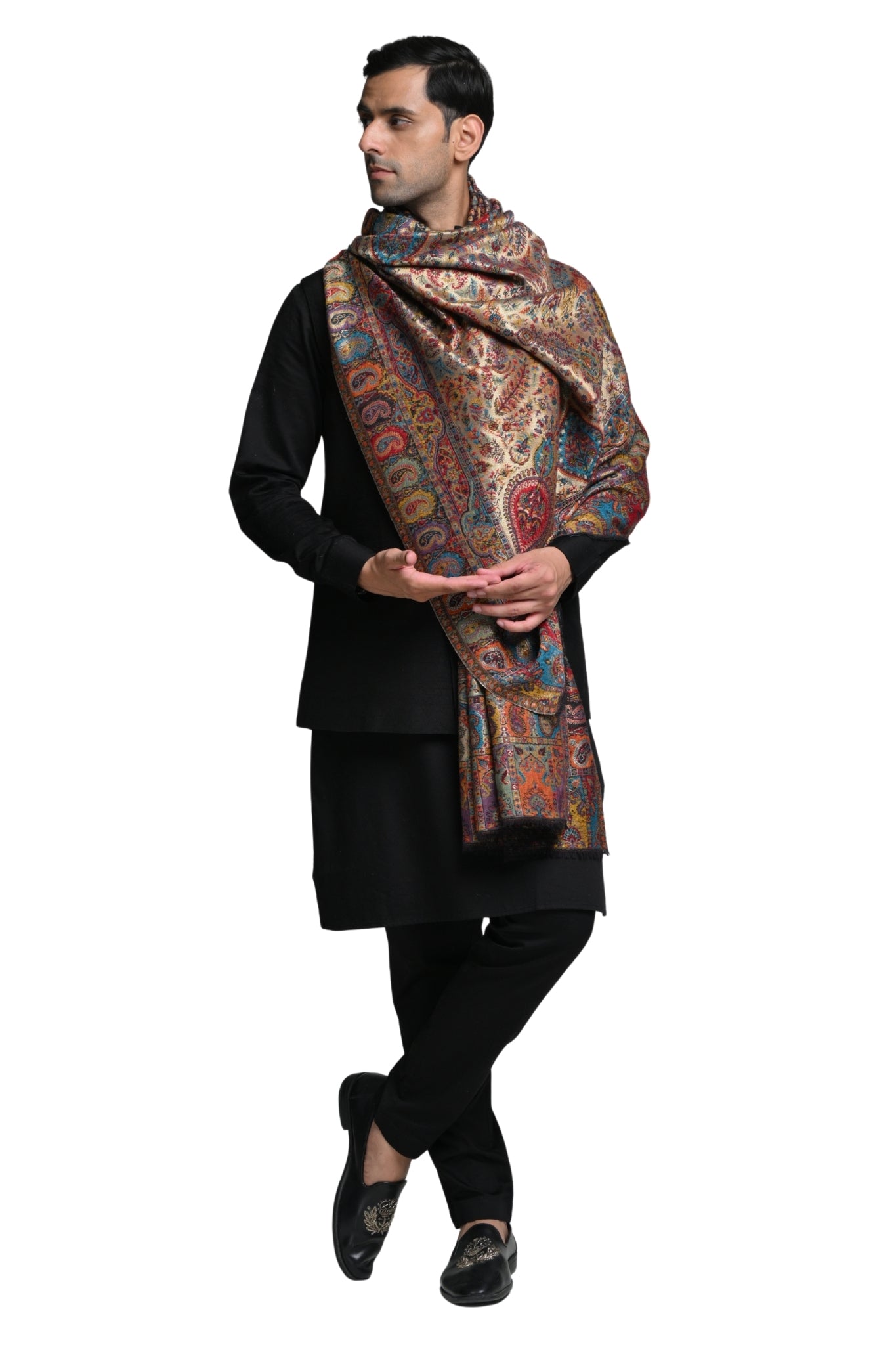 Regal Kashmiri Resham Reversible Shawl – Men's Zari Shawls – View 5 | Taroob