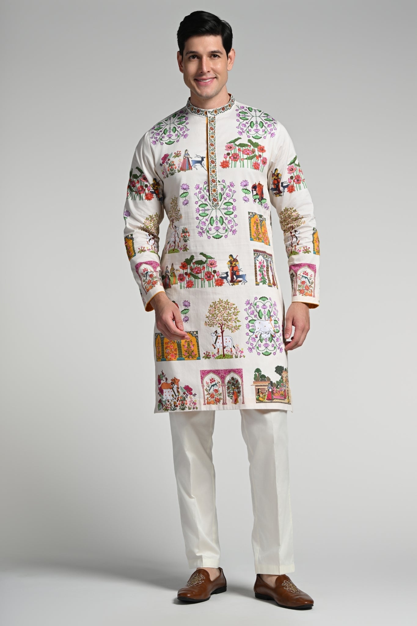 Printed Pichwai Art Kurta Pajama Set – Men's – Detail view | Taroob