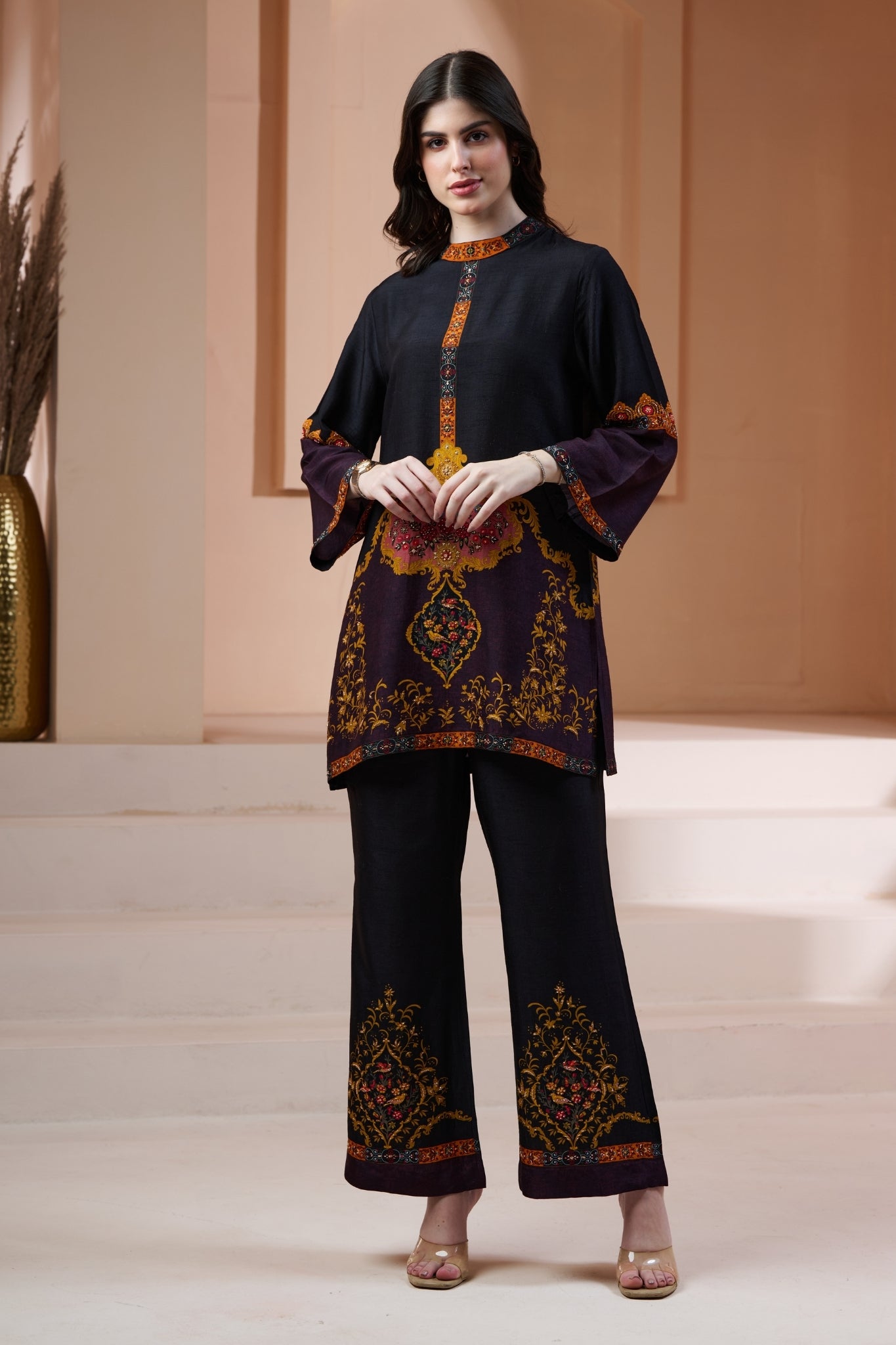 Taroob Royal Printed Silk Co-ord Set with Embroidery Highlights