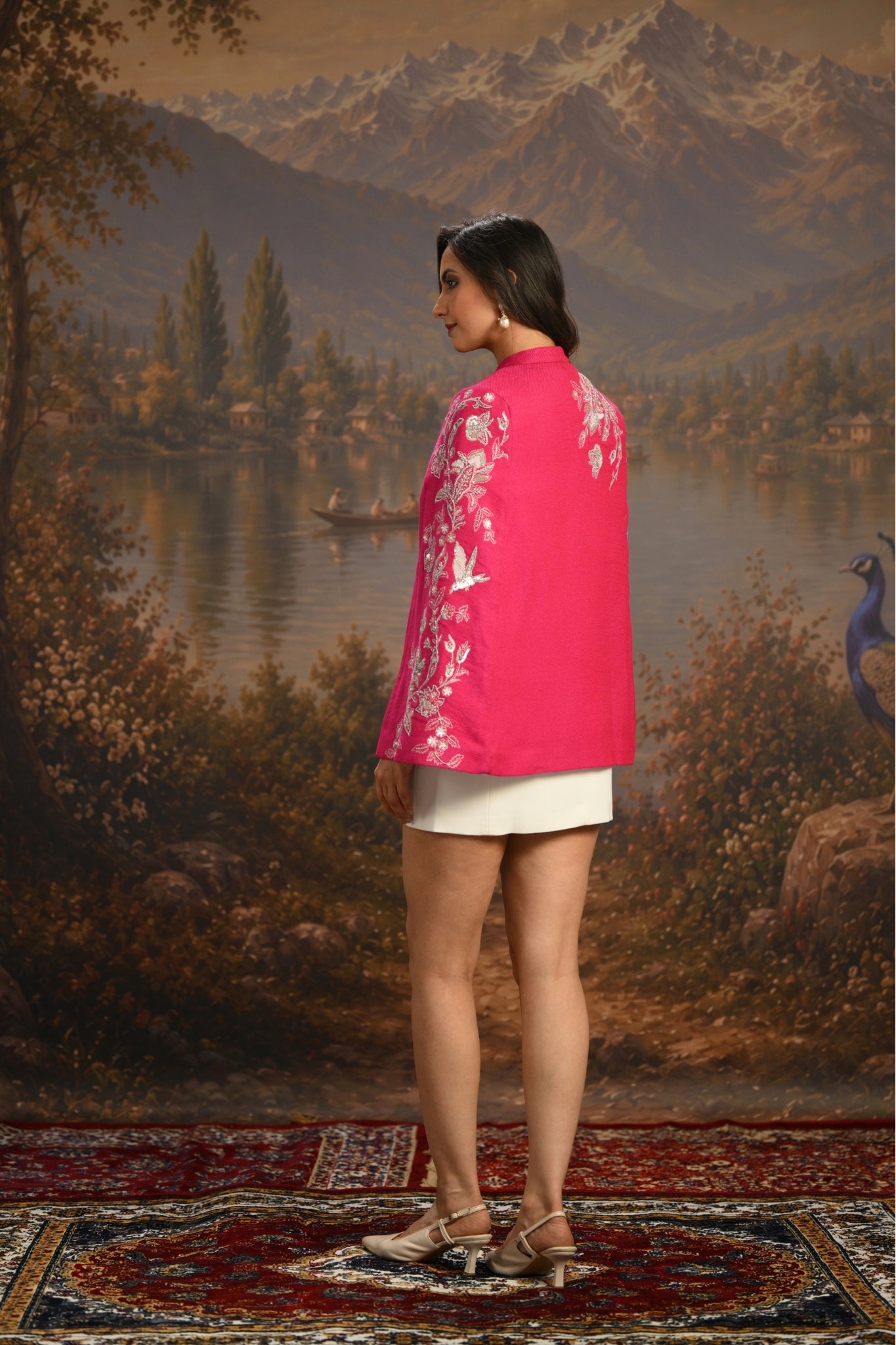 Pink Embroidered Blooming Birds Cape Taroob