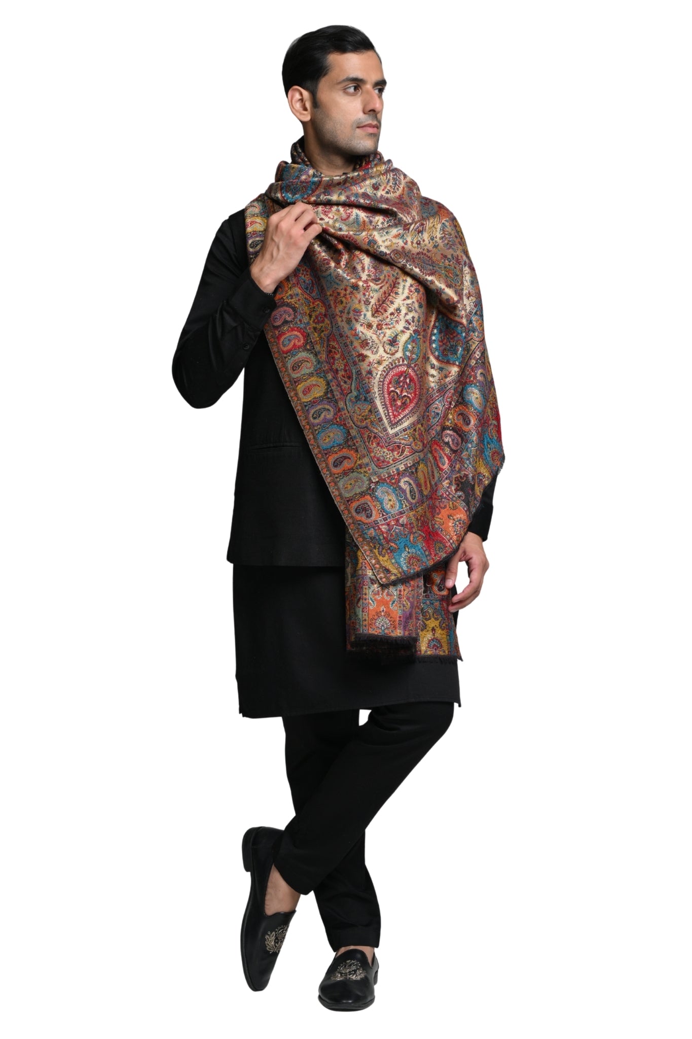 Regal Kashmiri Resham Reversible Shawl – Men's Zari Shawls – Styling view | Taroob