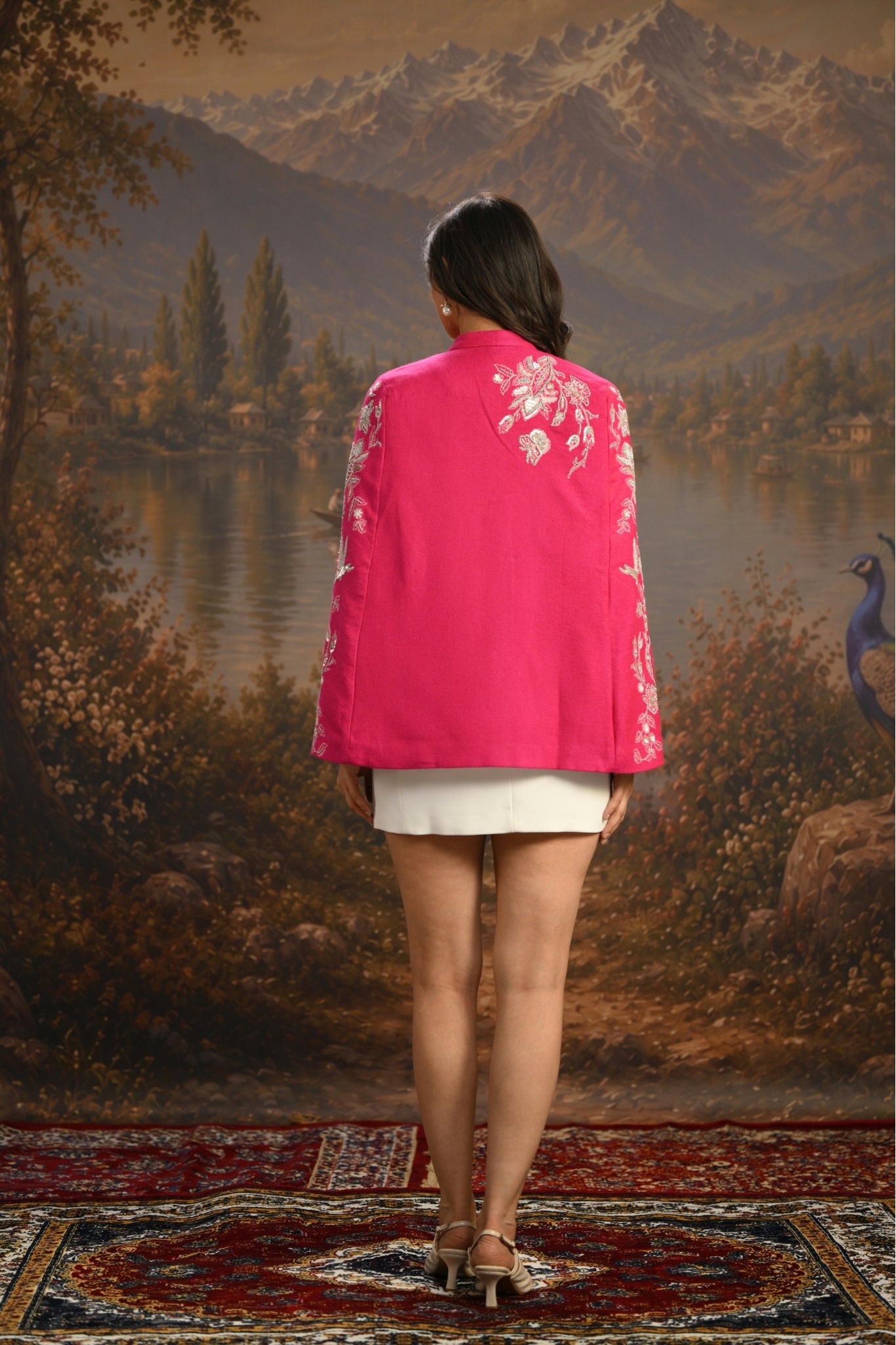 Pink Embroidered Blooming Birds Cape Taroob
