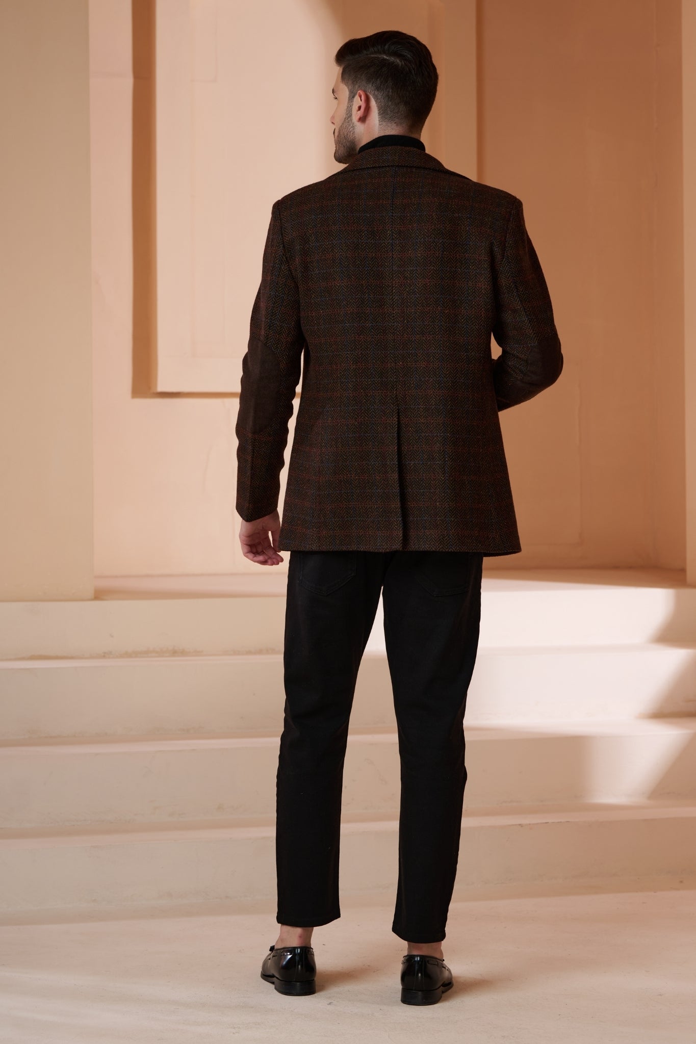 Taroob Wool Herringbone Tweed Blazer With Elbow Patch