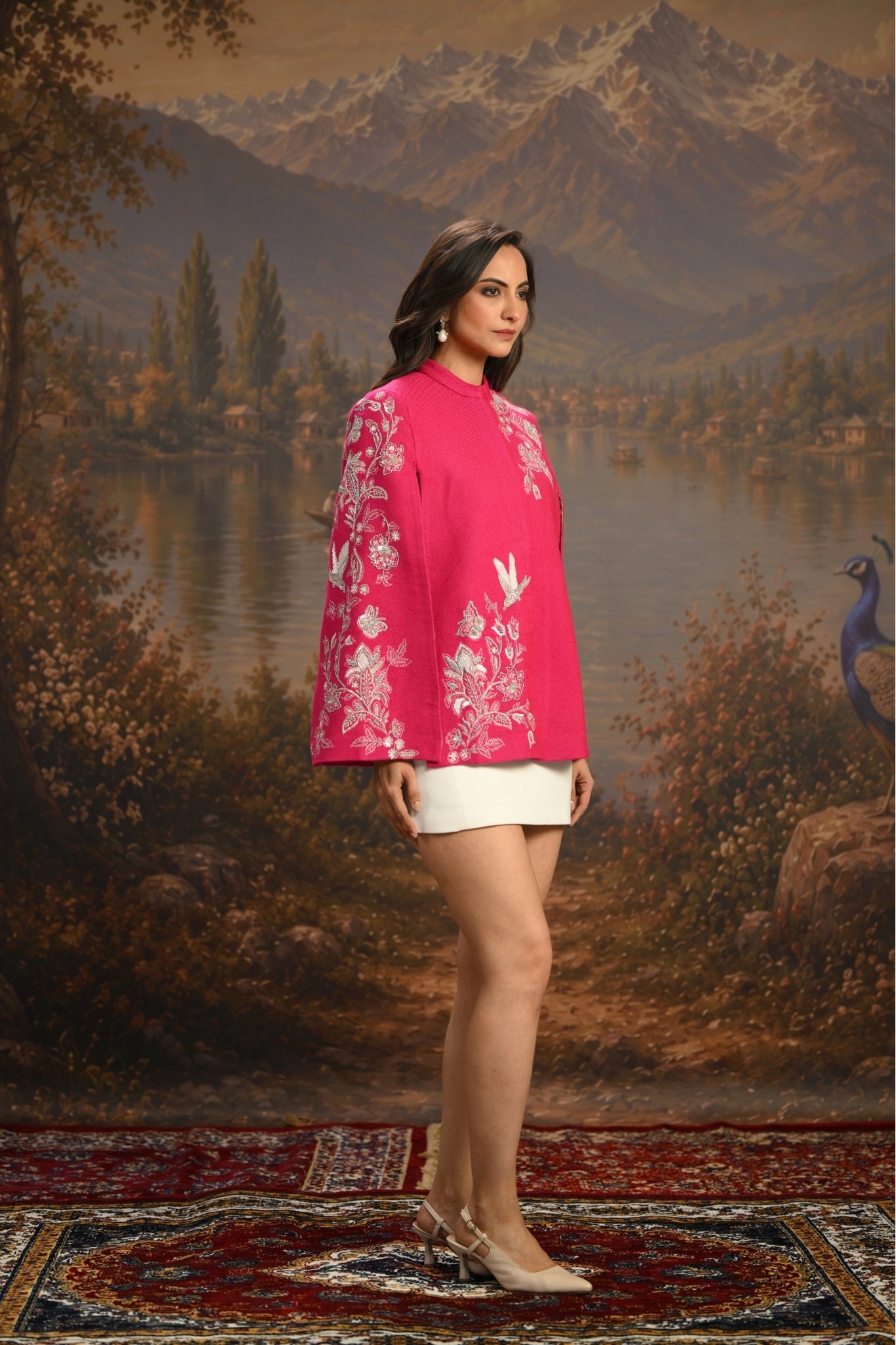 Pink Embroidered Blooming Birds Cape Taroob