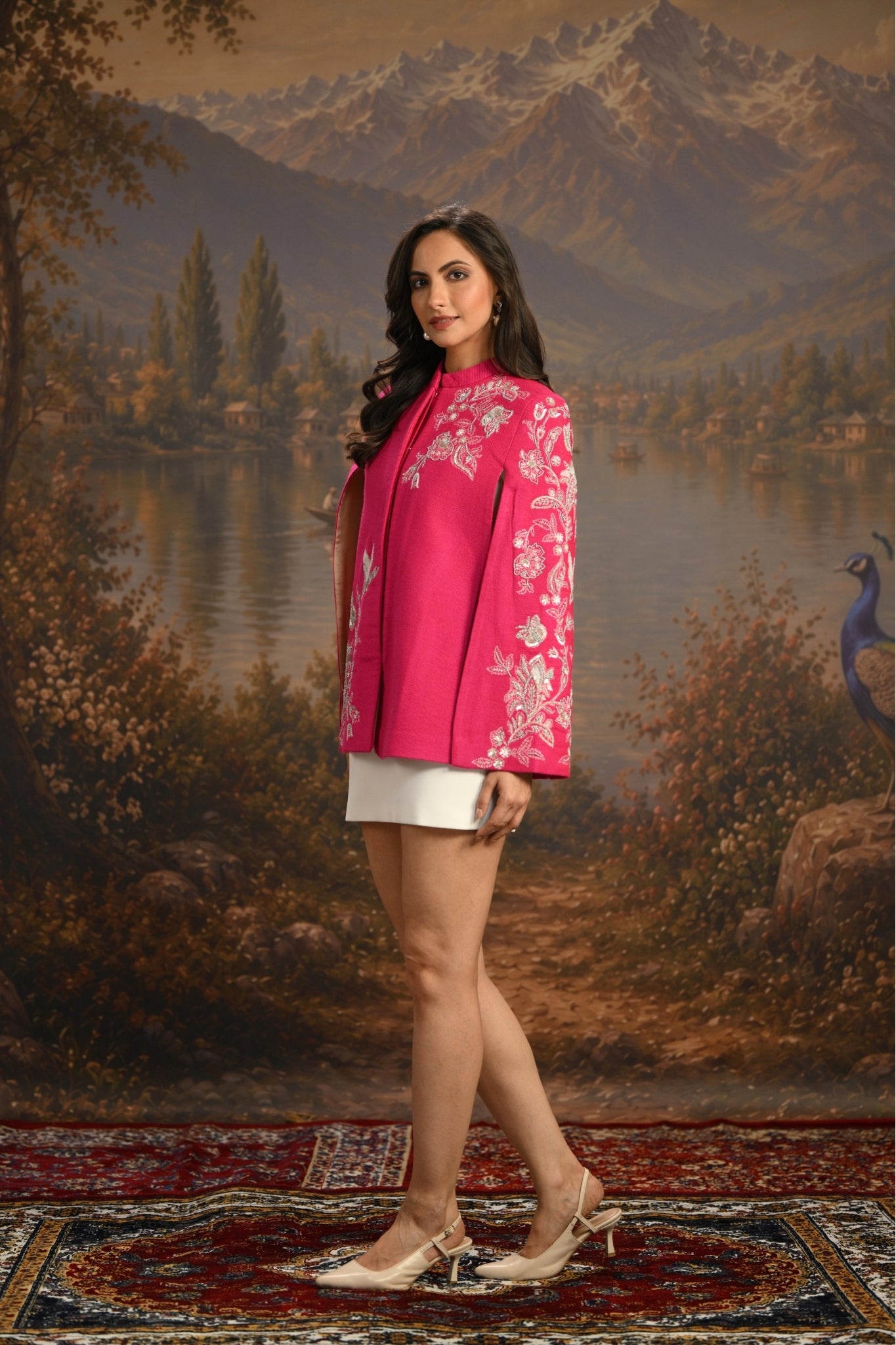 Pink Embroidered Blooming Birds Cape Taroob