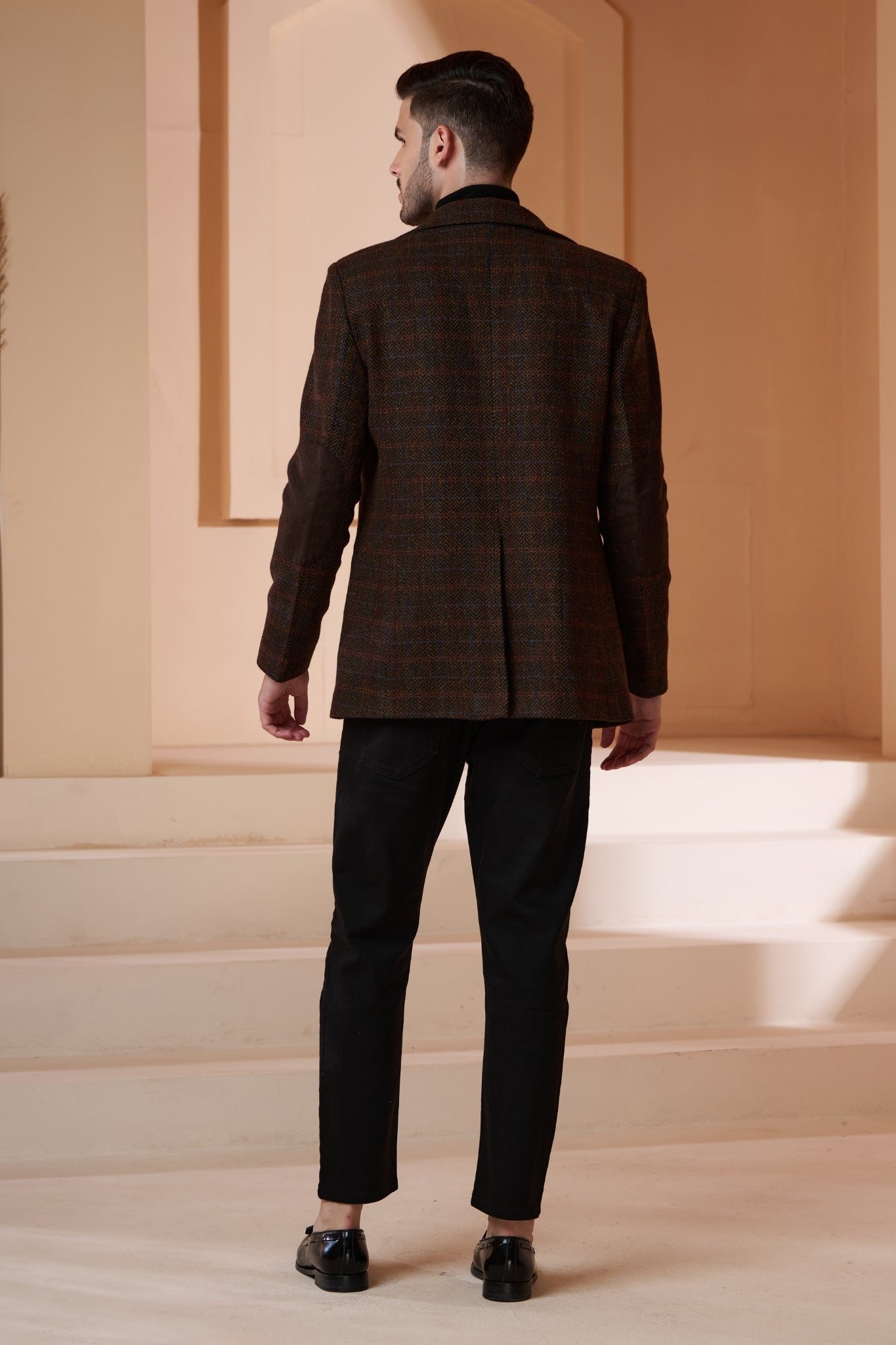 Taroob Wool Herringbone Tweed Blazer With Elbow Patch