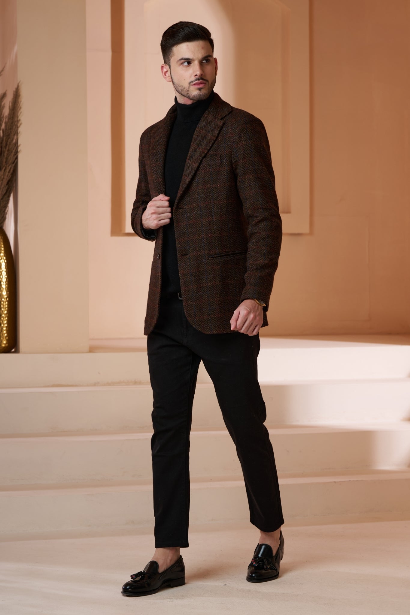 Taroob Wool Herringbone Tweed Blazer With Elbow Patch
