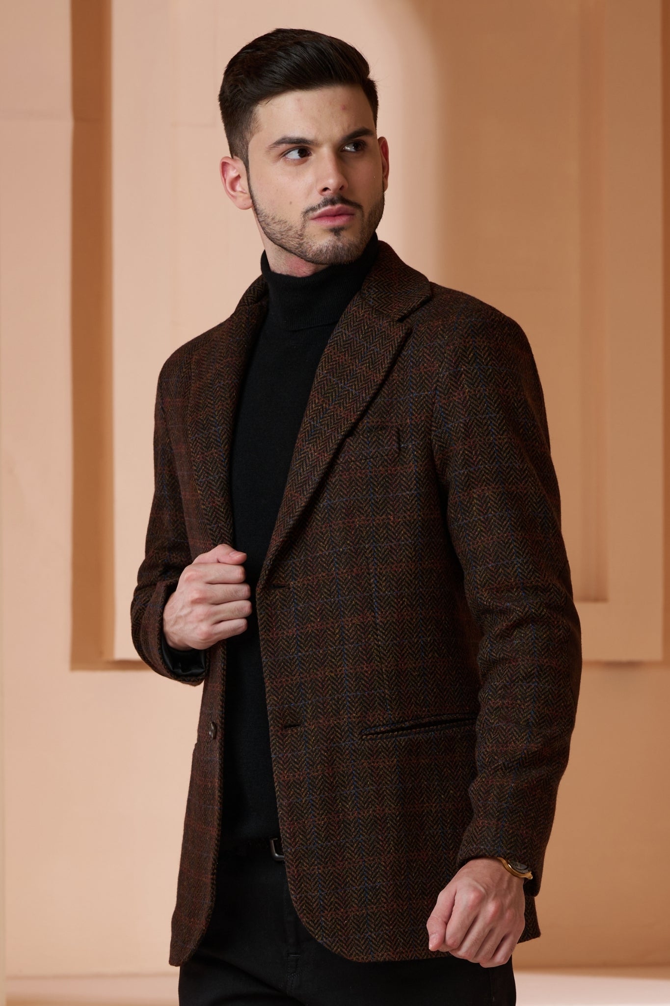 Taroob Wool Herringbone Tweed Blazer With Elbow Patch