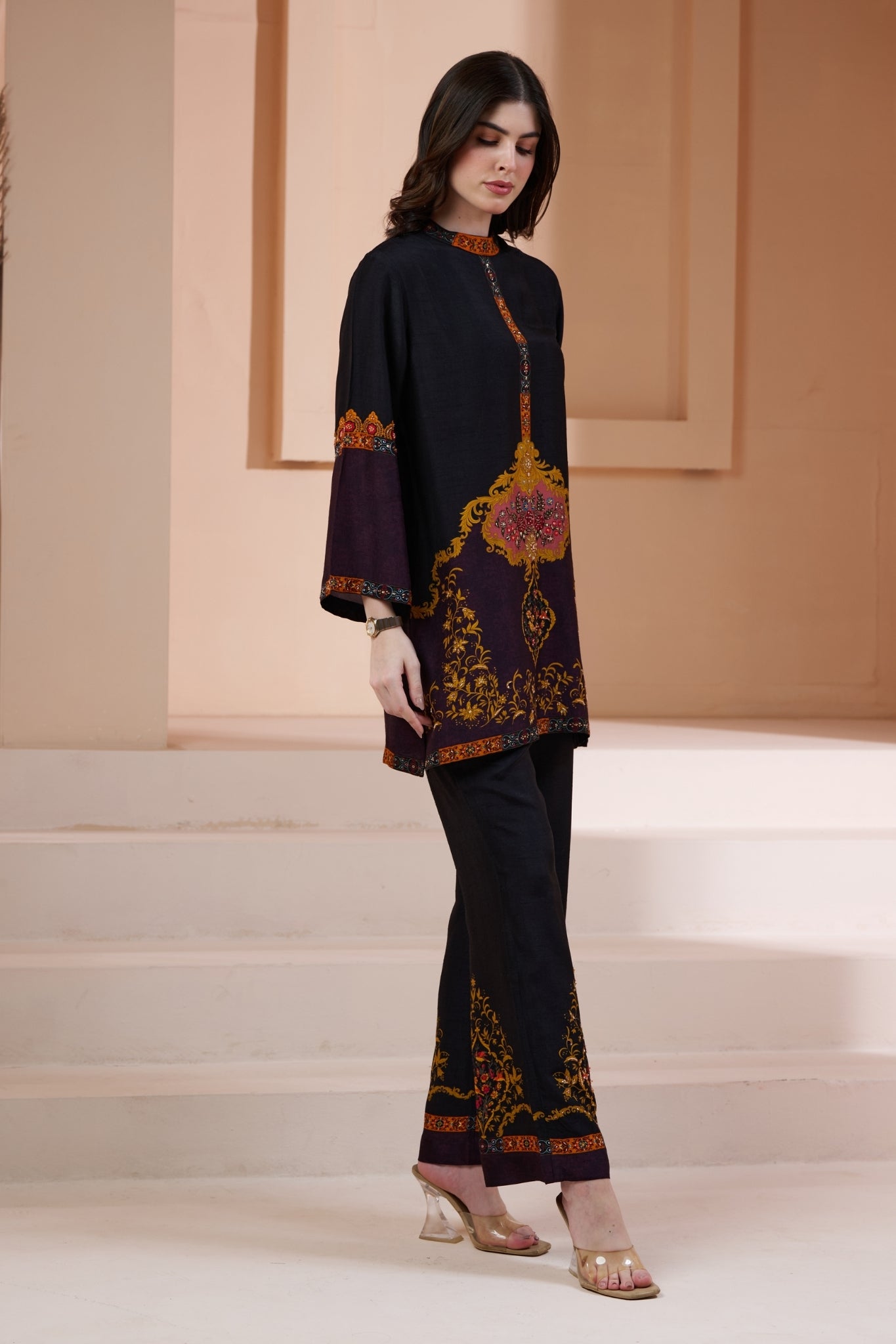 Taroob Royal Printed Silk Co-ord Set with Embroidery Highlights