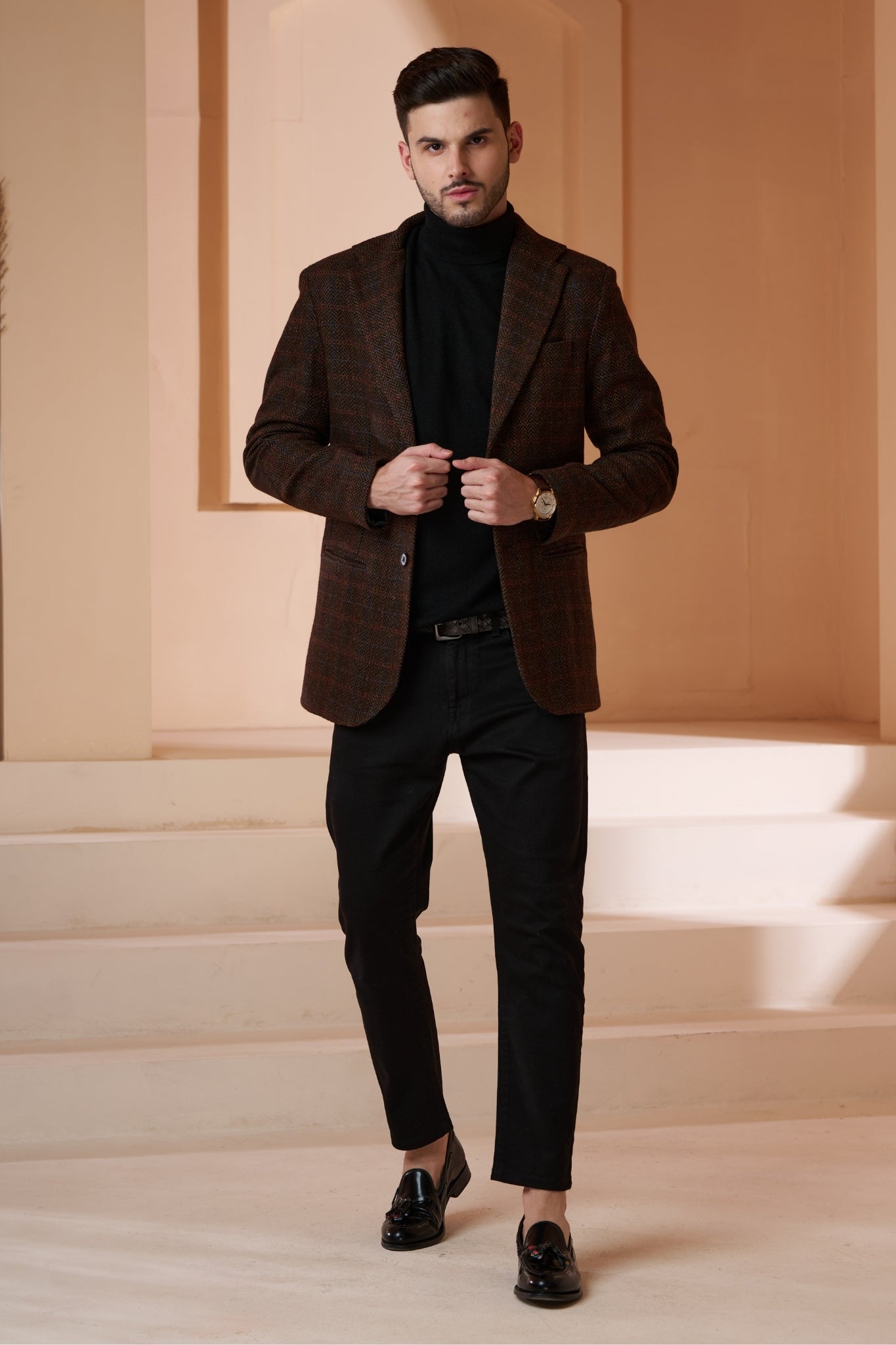 Taroob Wool Herringbone Tweed Blazer With Elbow Patch