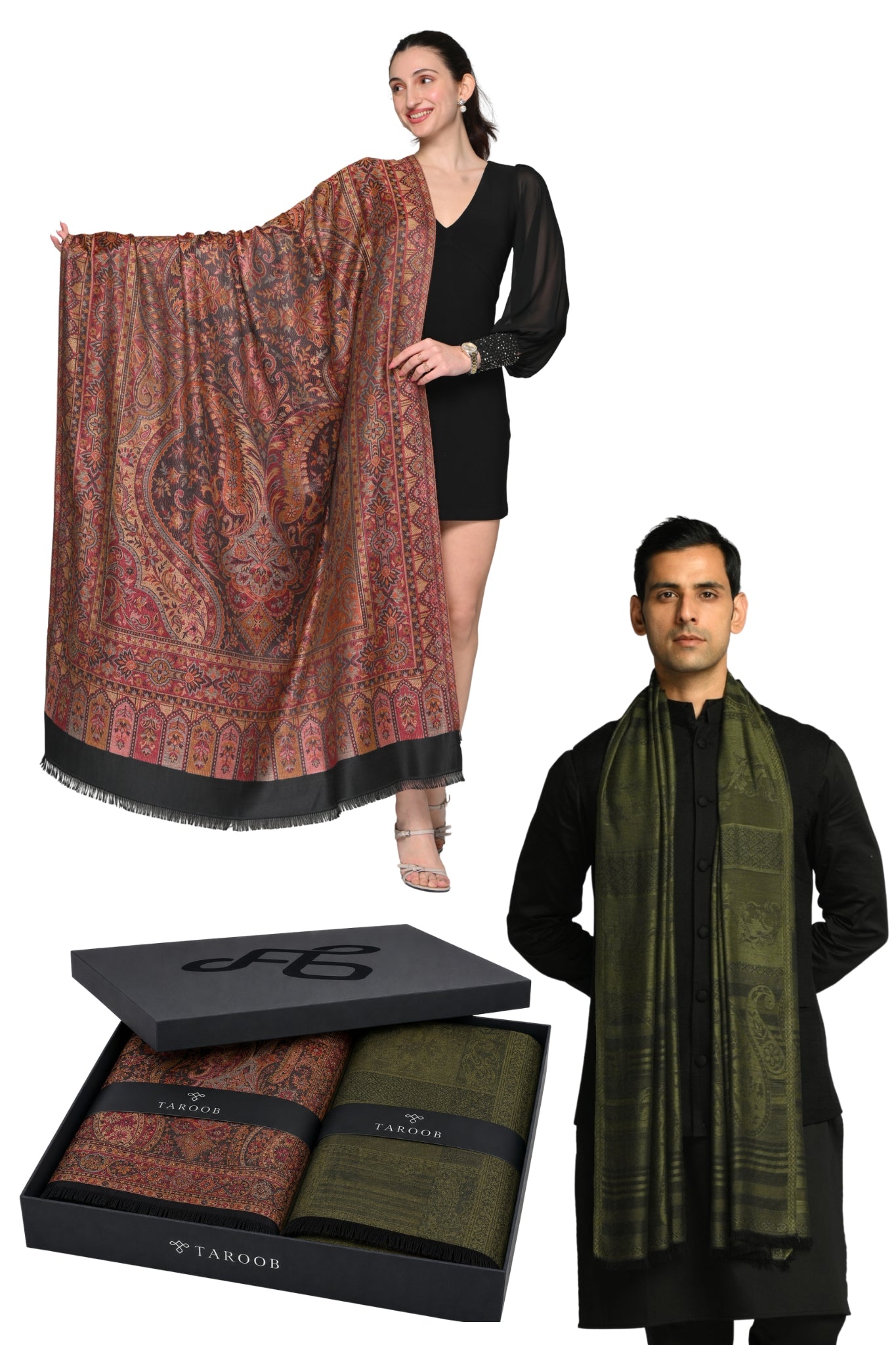Taroob Gift Set of Superfine Modal Stole for Him & Faux Pashmina Jamawar Shawl for Her in UAE