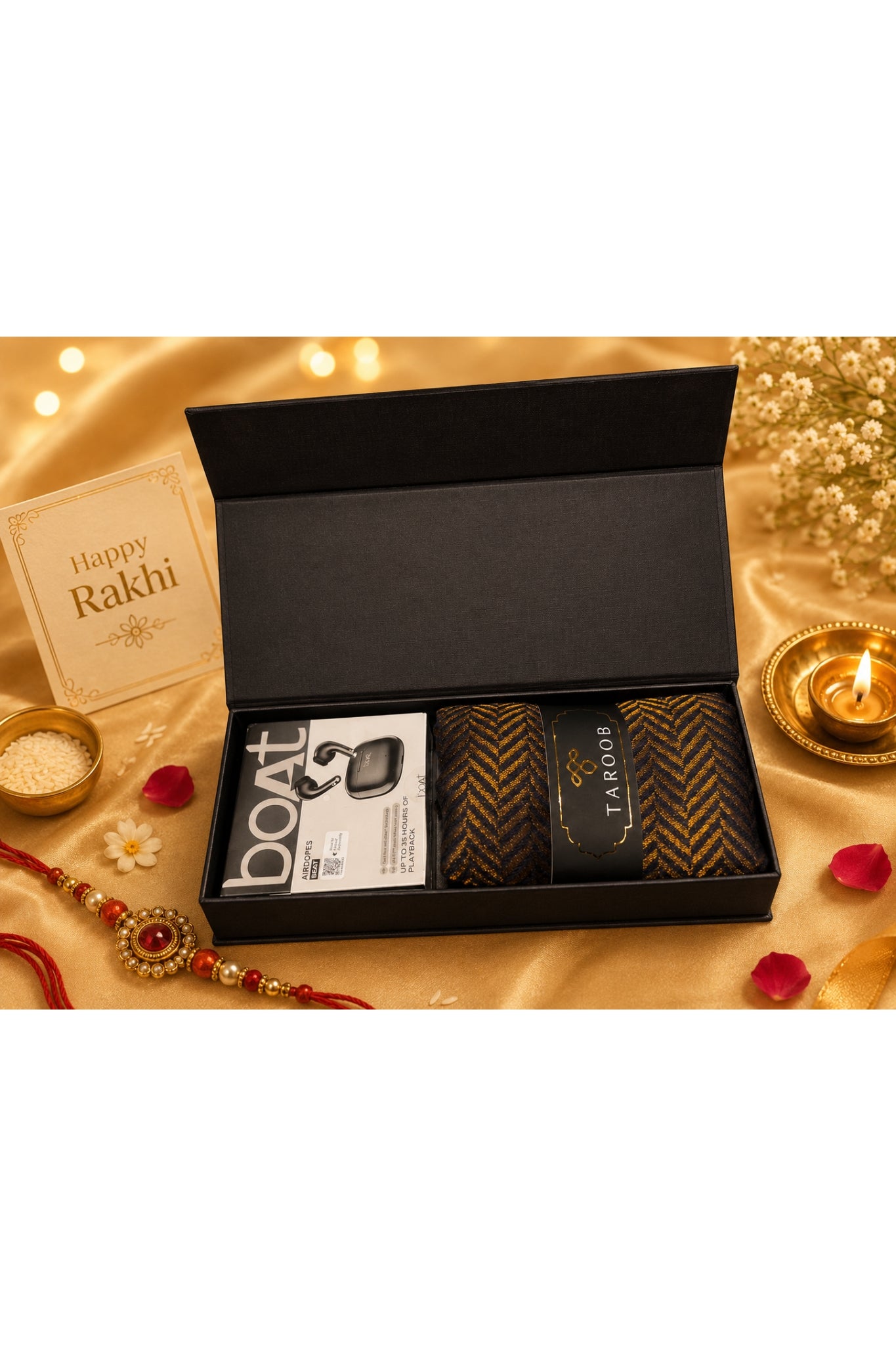 LIMITED EDITION Gift Set of Premium Taroob Herringbone Stole & BOAT Airdopes