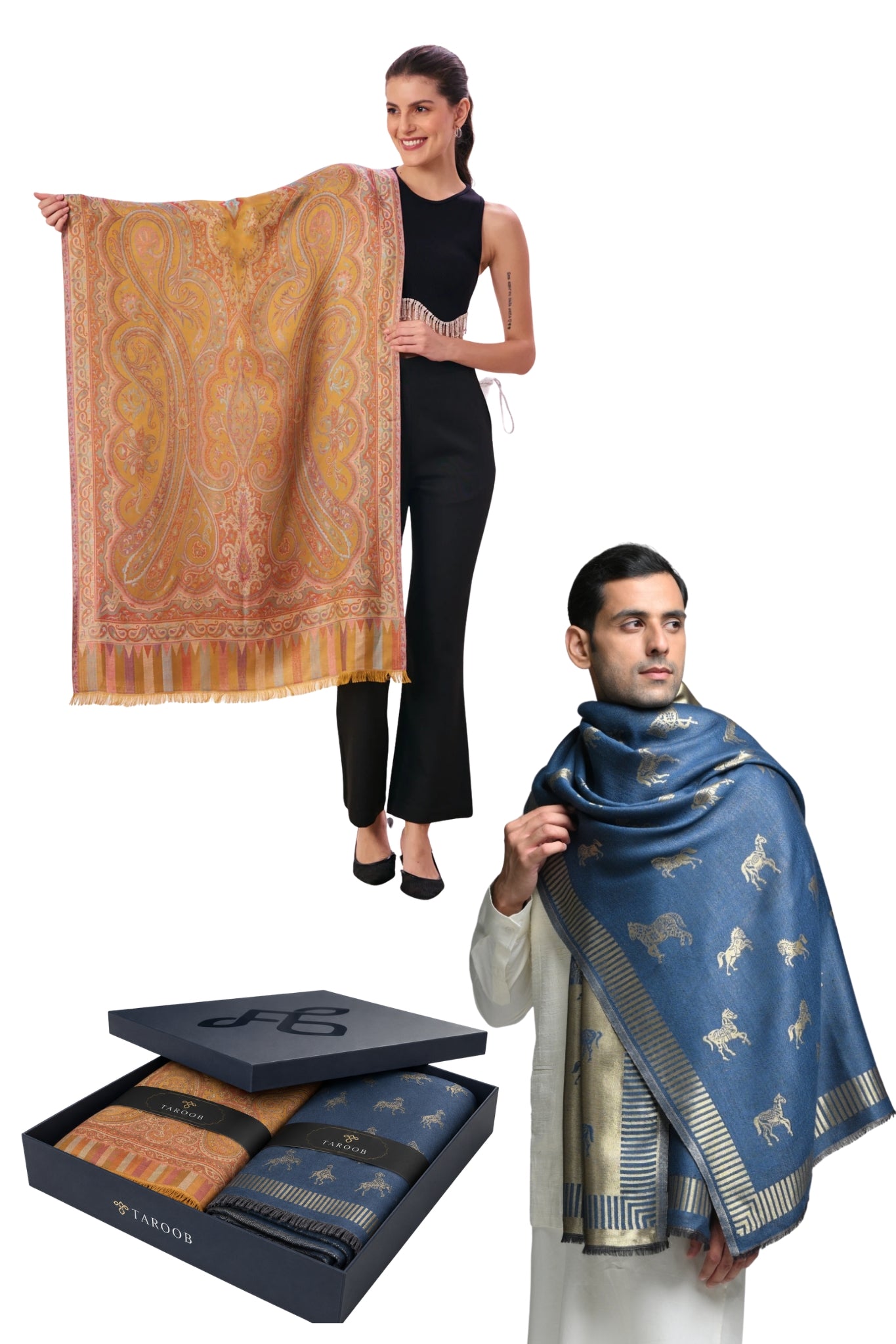 Taroob Couple Gift Set of Fine Wool Resham Stole & Silk Jamawar Stole