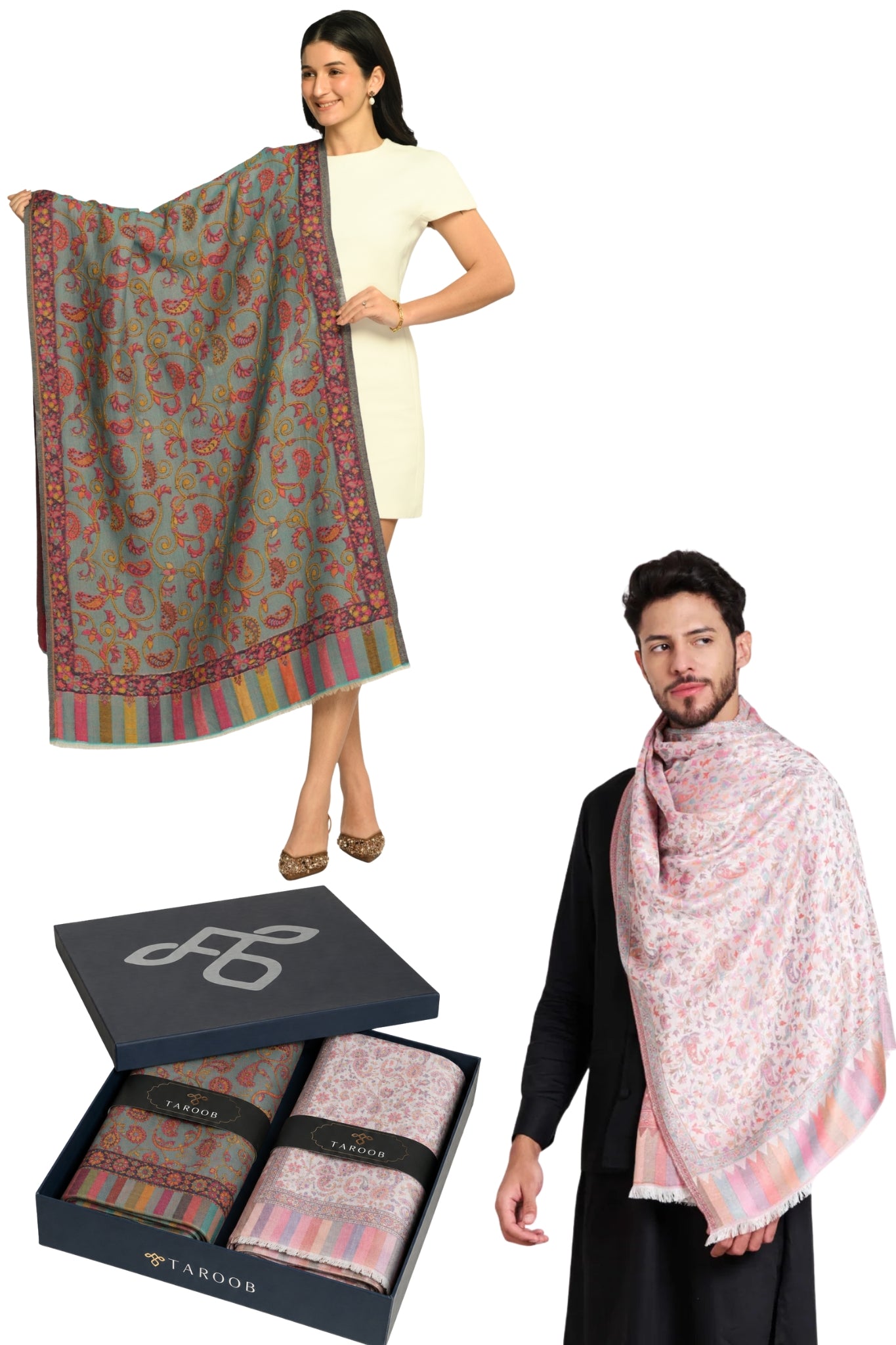 Taroob Couple Gift Set of Wool Silk Stole for Him & Silk Stole for Her in UAE