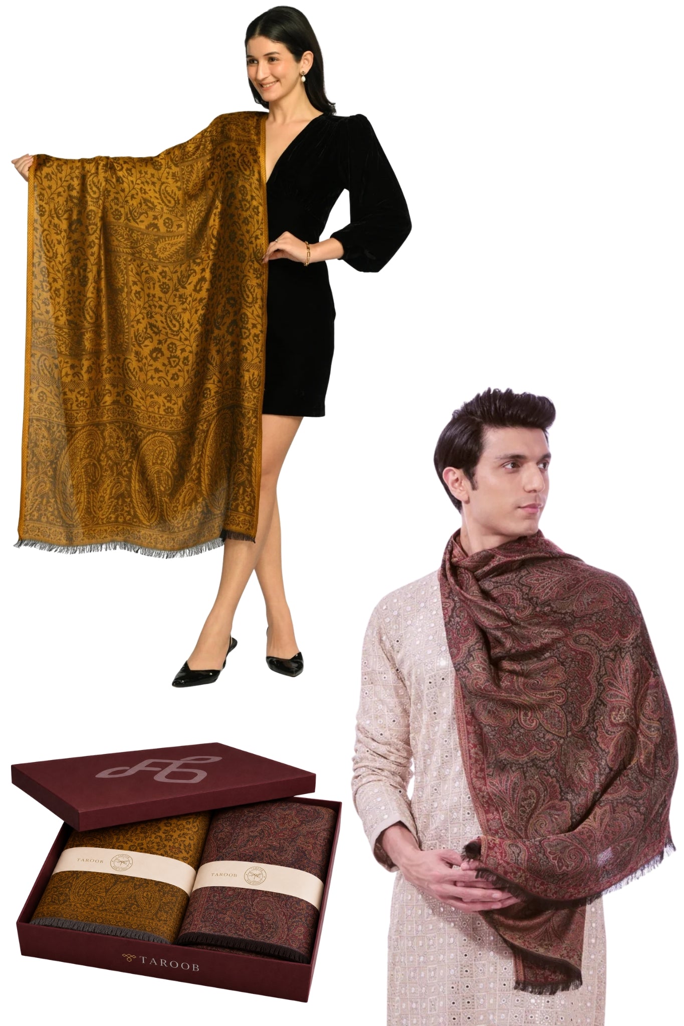 Taroob Couple Gift Set of Regal Kasmiri Jamawar Stoles for Him & Her