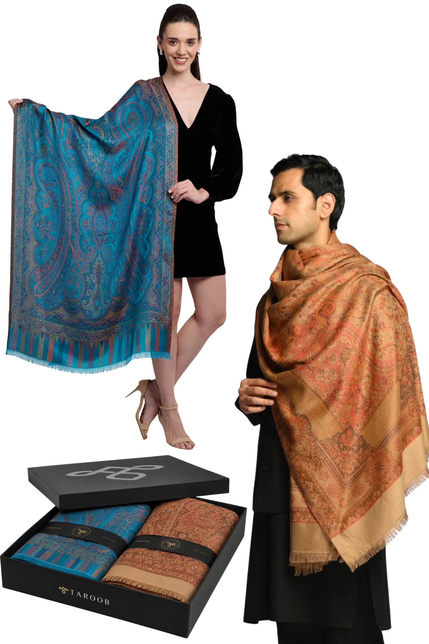 Taroob Gift Set of Faux Pashmina Jamawar Shawl & Silk Jamawar Stole