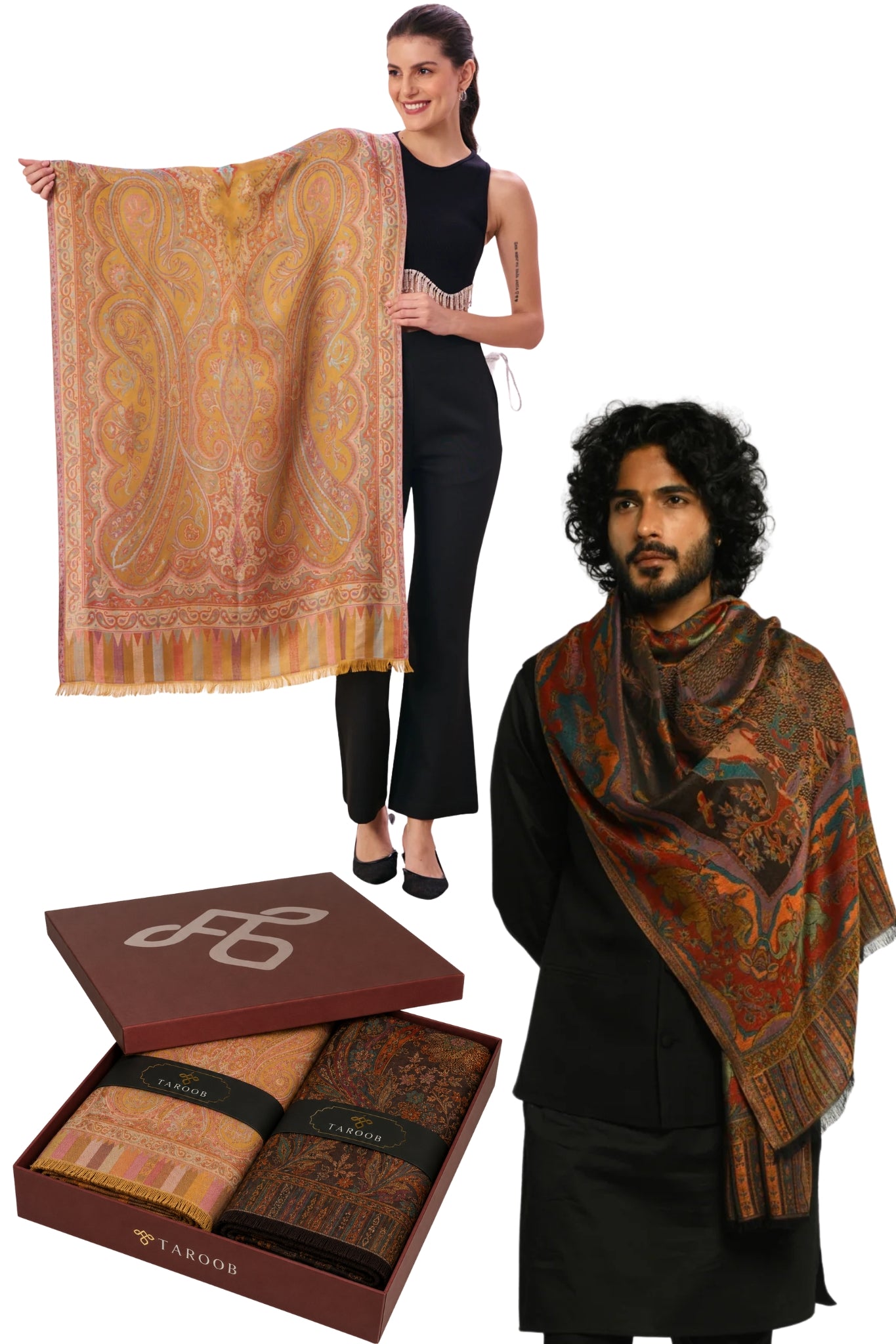 Taroob Couple Gift Set of Kashmiri Silk Jamawar Stoles for Him & Her