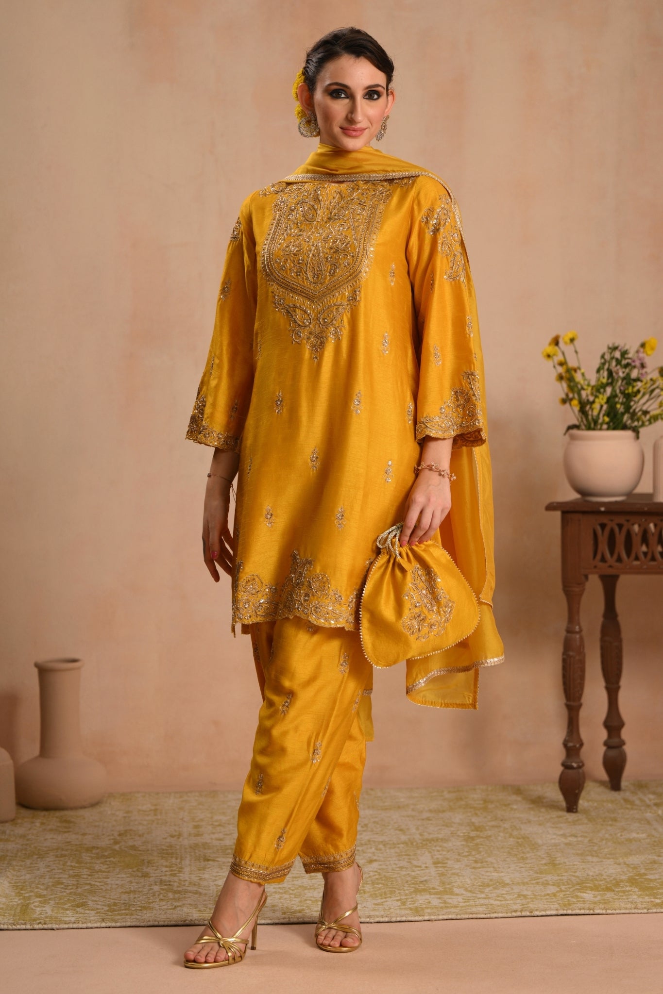 Women's Mustard Zarqash Hand Embroidered Kurta Set Taroob