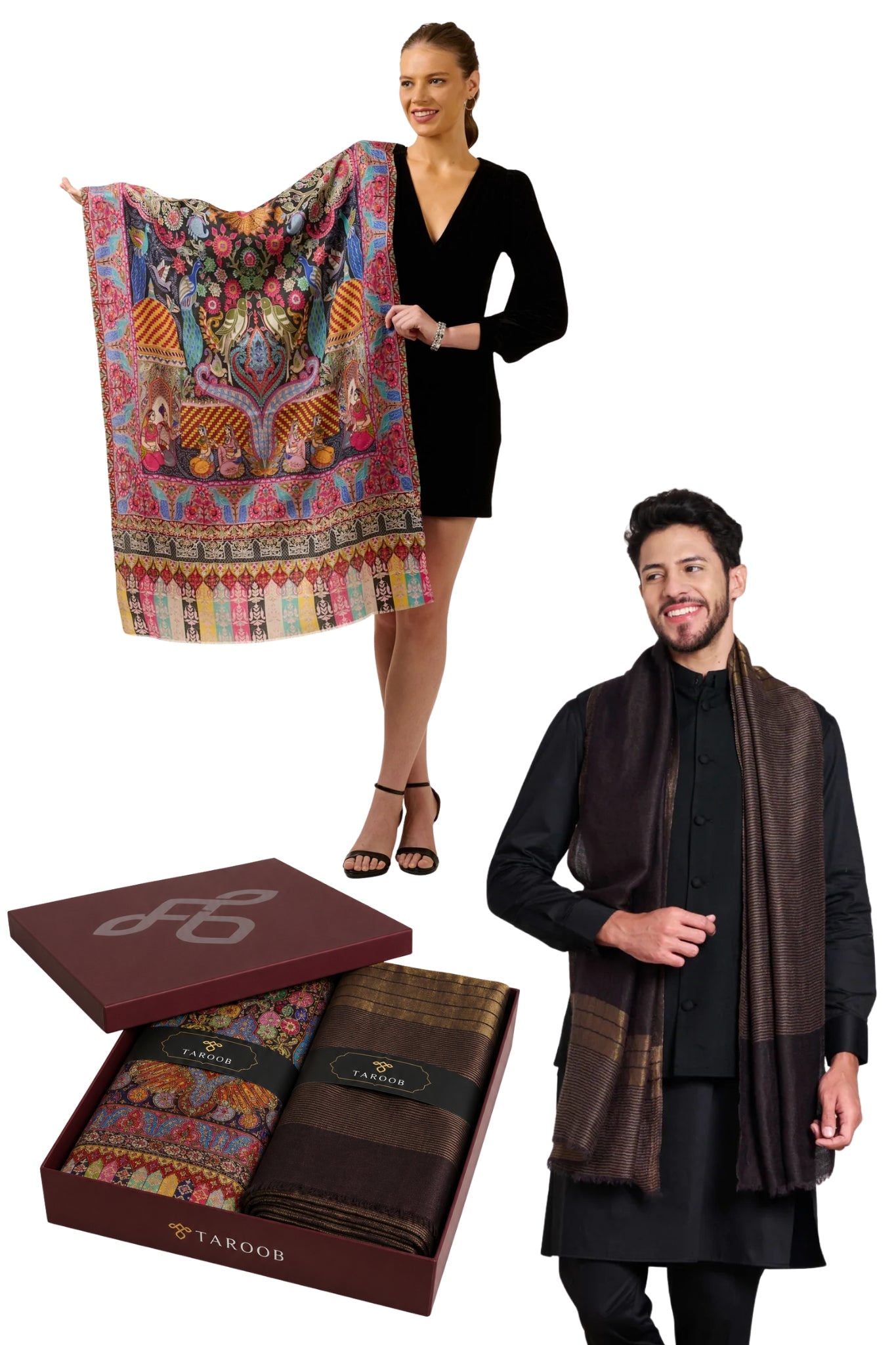 Couple Gift Set of Zari Stole for Him & Kalamkari Stole for Her Taroob