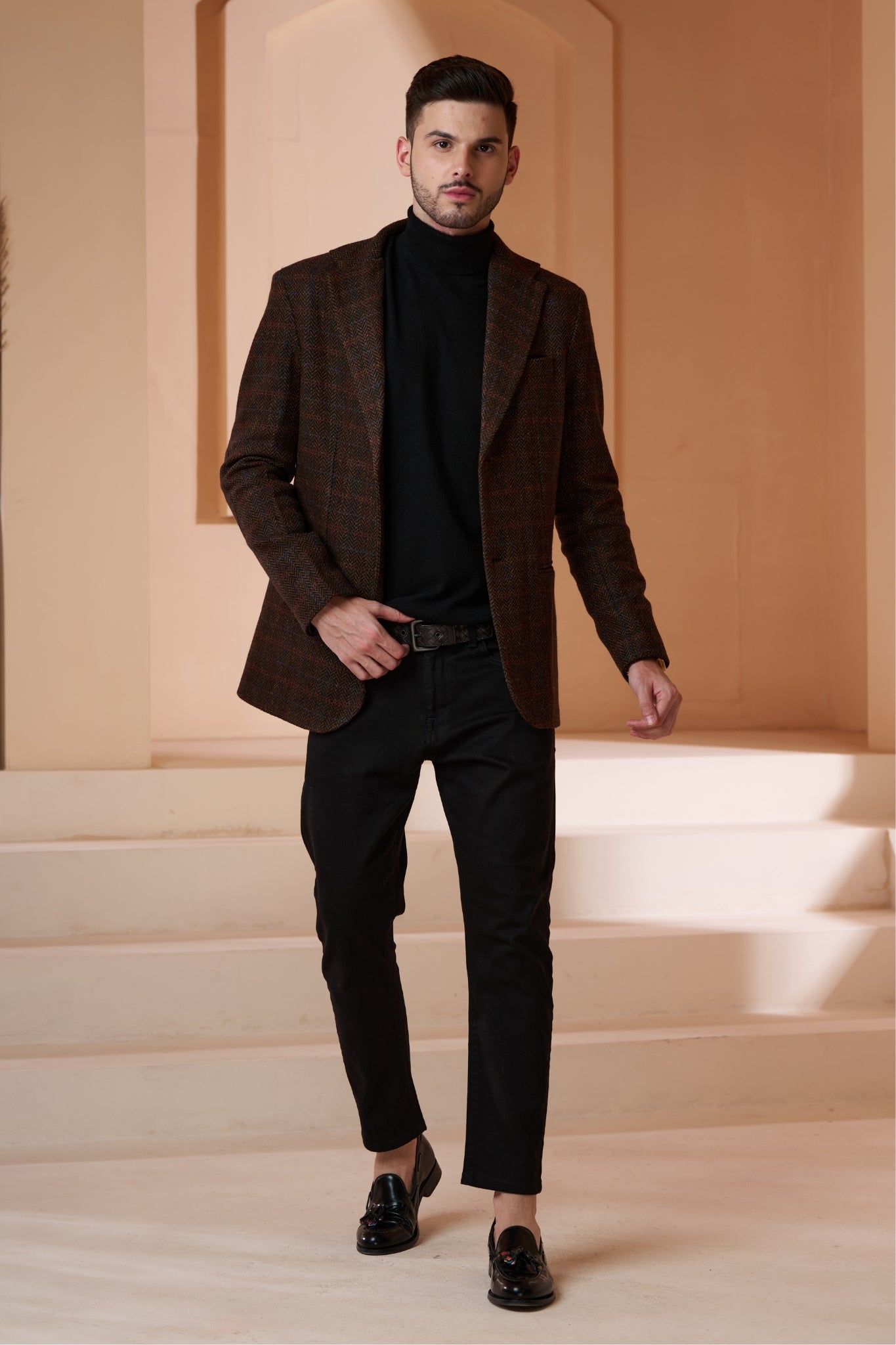 Taroob Wool Herringbone Tweed Blazer With Elbow Patch