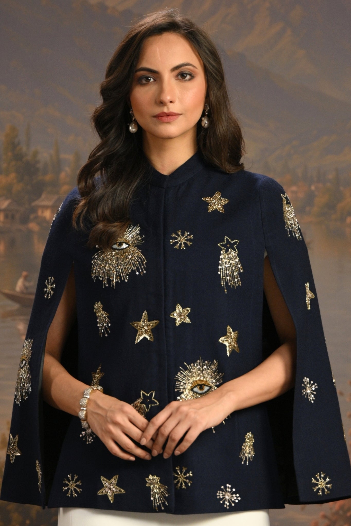 Navy Embroidered Starry Eyes Cape Taroob