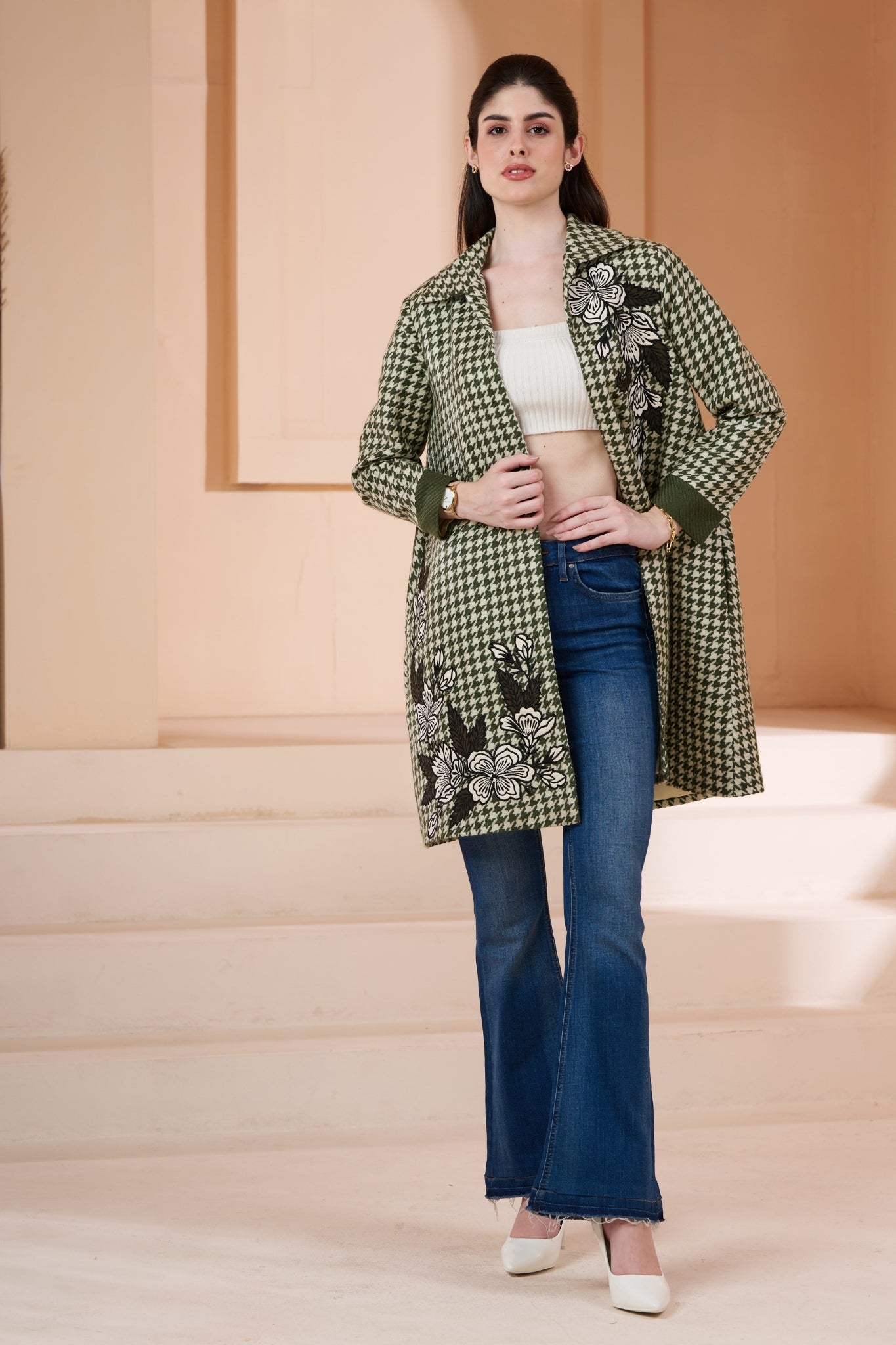 Embroidered Floral Houndstooth Wool Long Coat – Women's – Detail view | Taroob