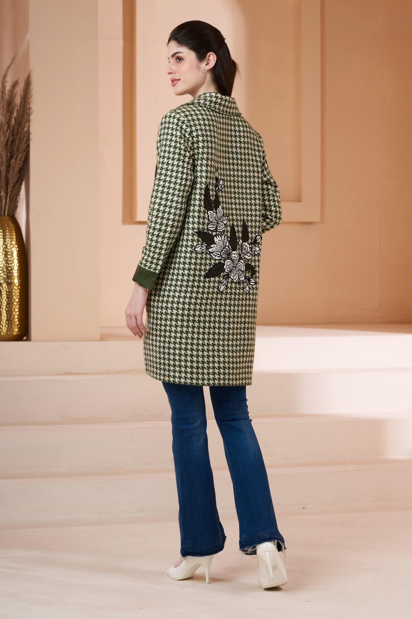 Embroidered Floral Houndstooth Wool Long Coat – Women's – Alternate view | Taroob