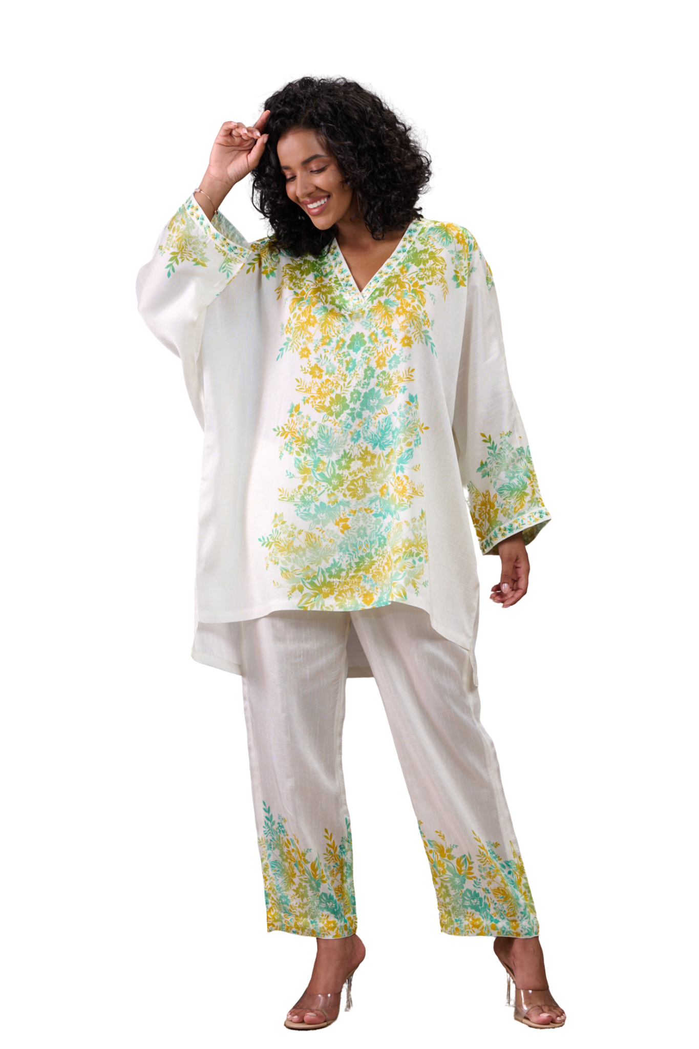 Silk Linen Floral Kaftan Co-ord Set with Embroidered Highlights – Women's Coords & Shirts | Taroob