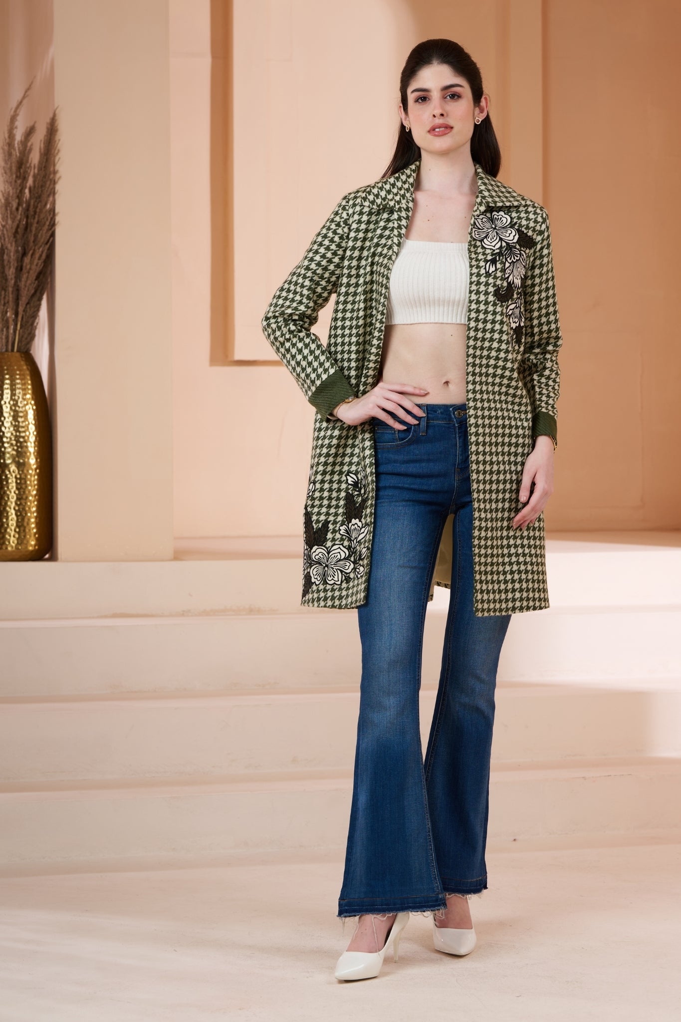 Embroidered Floral Houndstooth Wool Long Coat – Women's – Styling view | Taroob