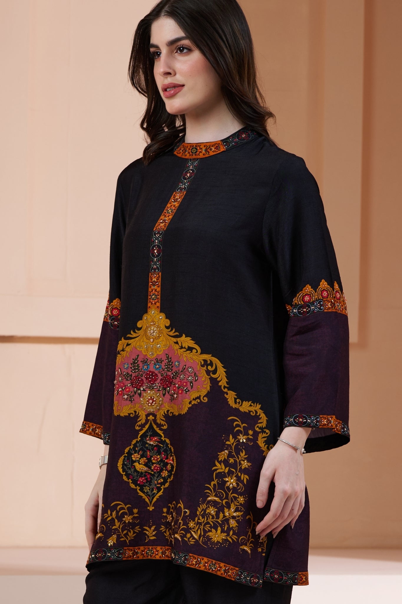 Taroob Royal Printed Silk Co-ord Set with Embroidery Highlights