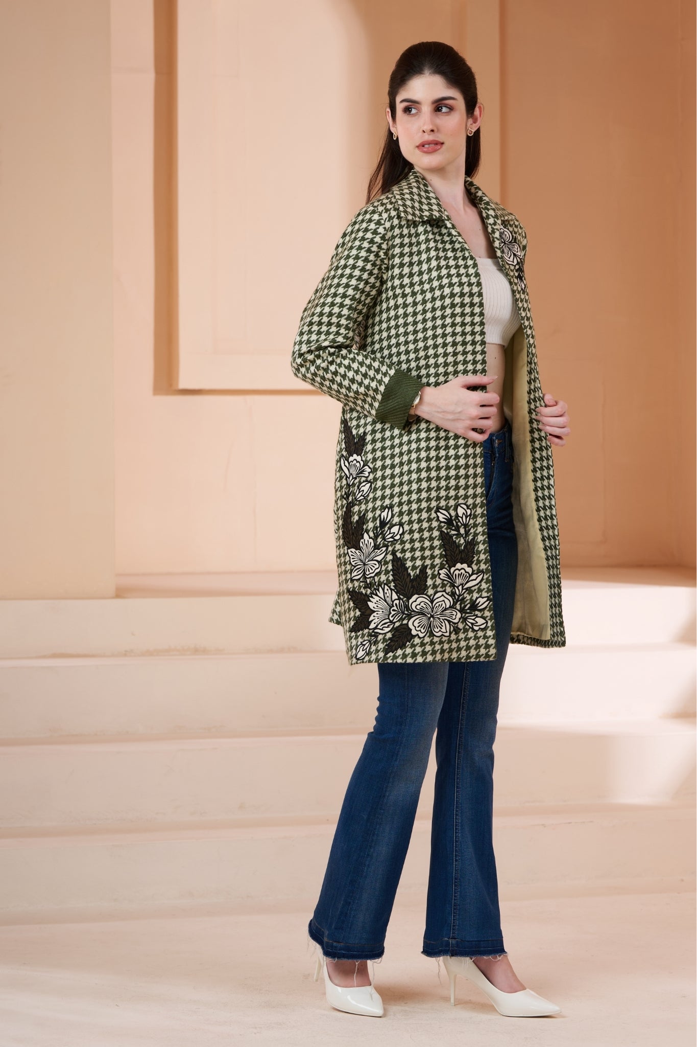 Embroidered Floral Houndstooth Wool Long Coat – Women's – View 5 | Taroob