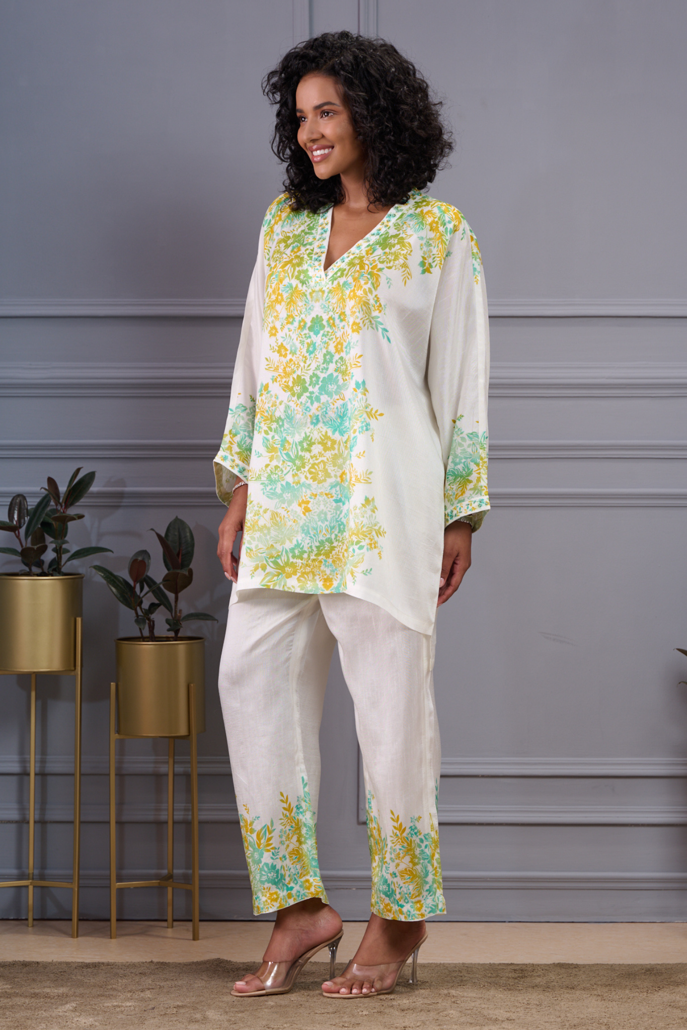 Silk Linen Floral Kaftan Co-ord Set with Embroidered Highlights – Women's Coords & Shirts – View 5 | Taroob