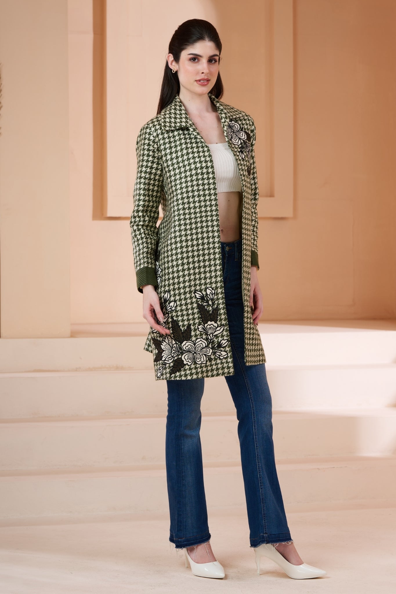 Embroidered Floral Houndstooth Wool Long Coat – Women's – View 6 | Taroob