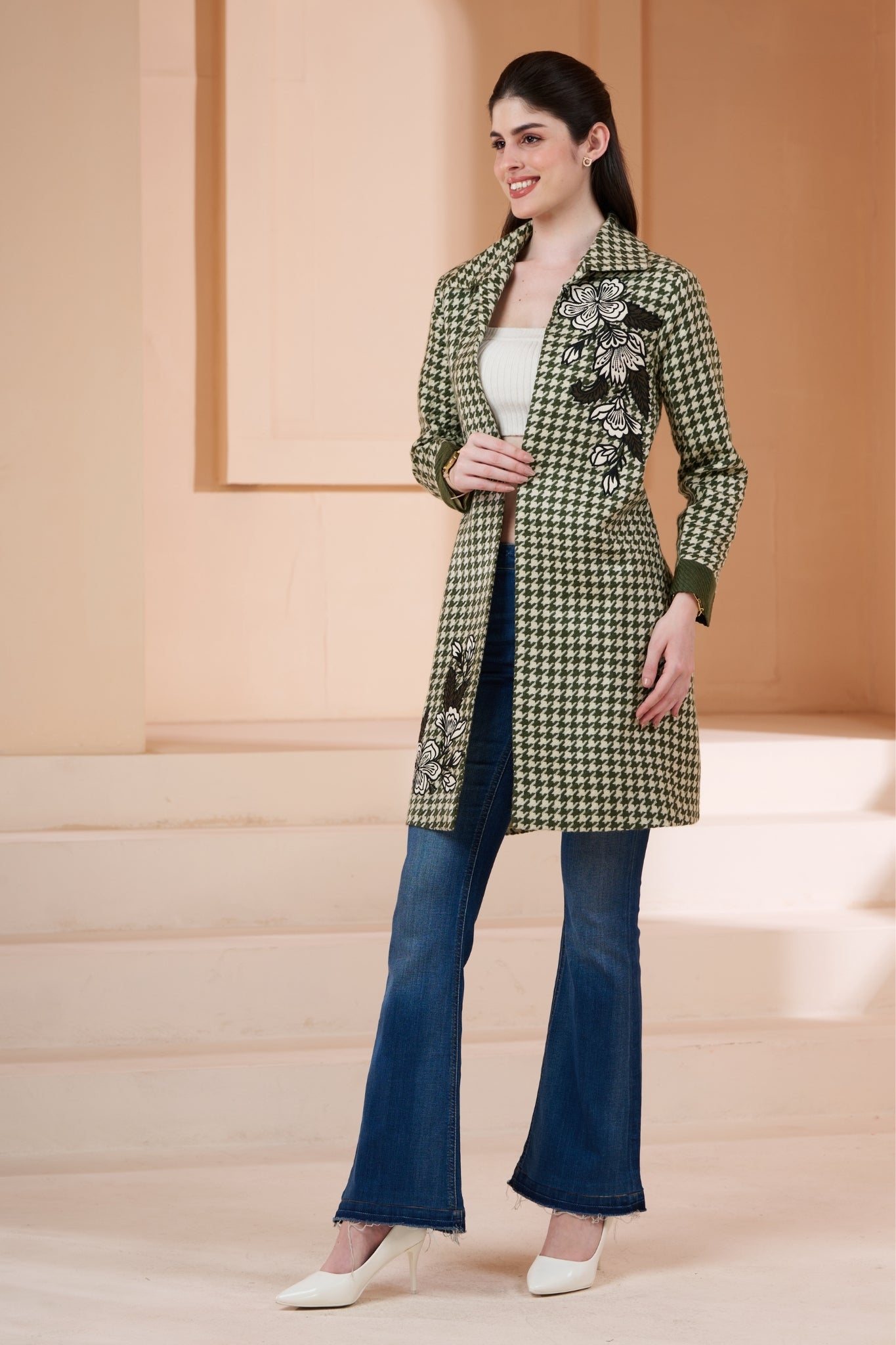 Embroidered Floral Houndstooth Wool Long Coat – Women's – View 7 | Taroob