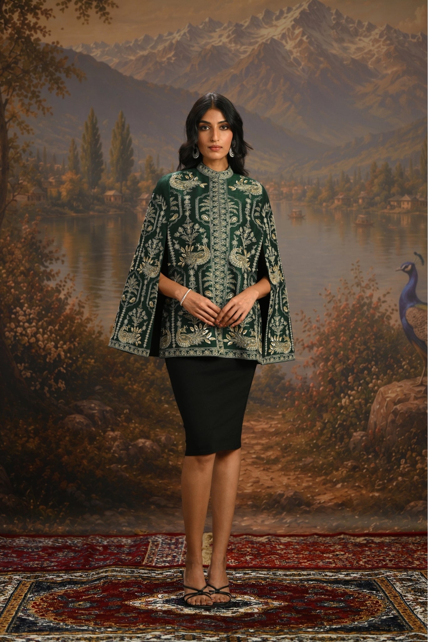Green Embroidered Peacock Trellis Cape Taroob