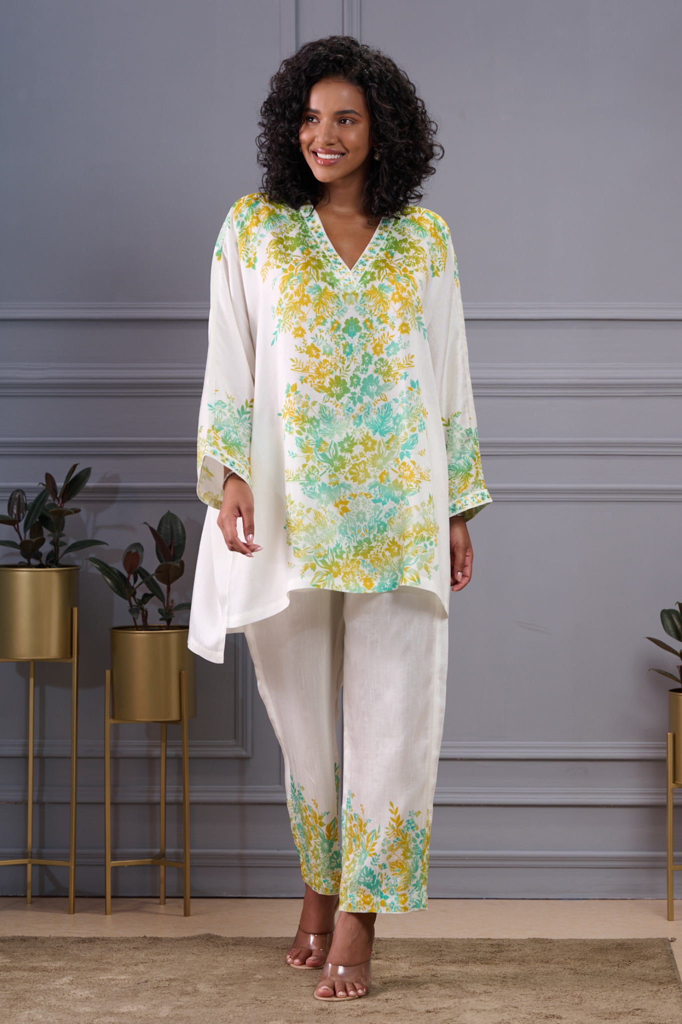 Silk Linen Floral Kaftan Co-ord Set with Embroidered Highlights – Women's Coords & Shirts – View 7 | Taroob