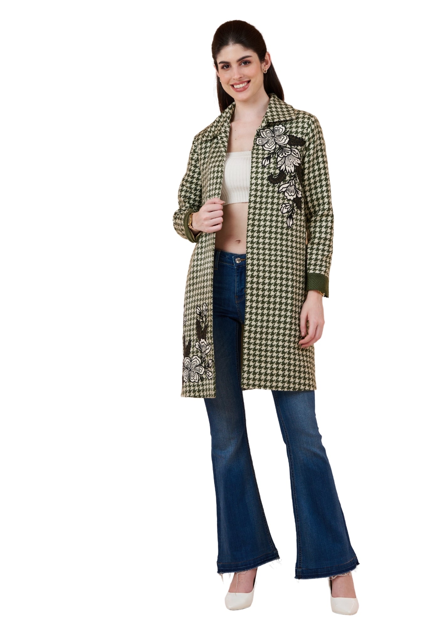 Embroidered Floral Houndstooth Wool Long Coat – Women's | Taroob