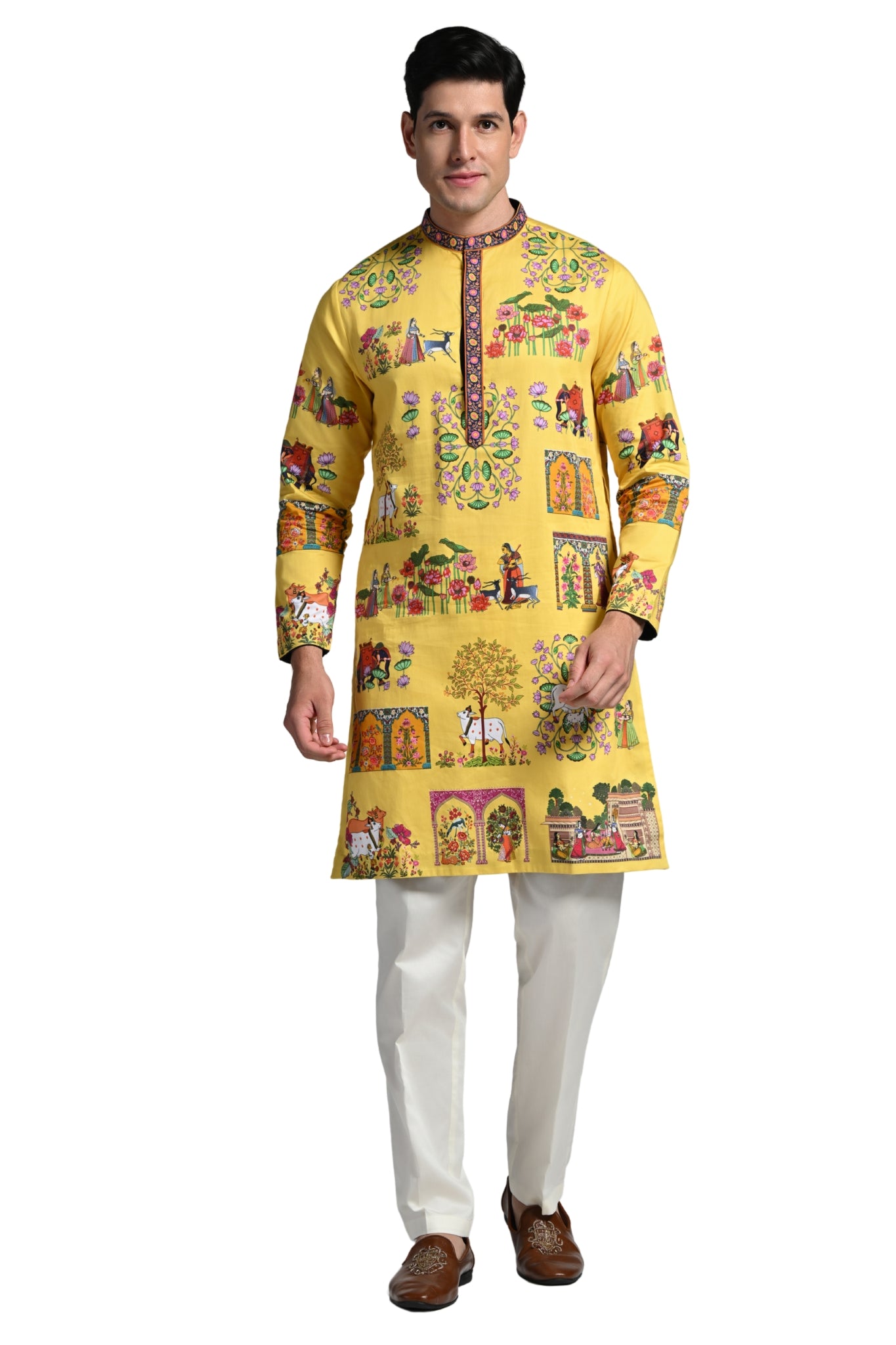 Printed Pichwai Art Kurta Pajama Set – Men's – Image 1 | Taroob