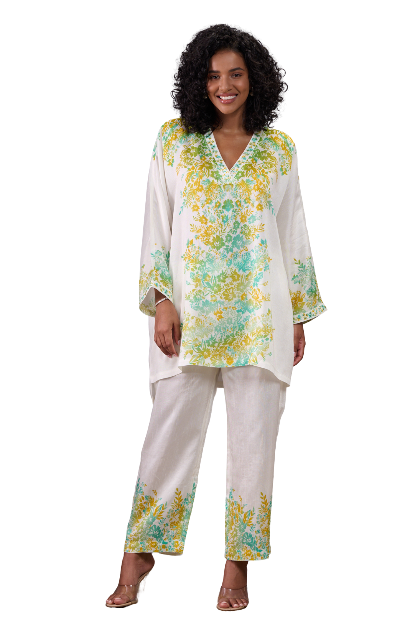 Silk Linen Floral Kaftan Co-ord Set with Embroidered Highlights – Women's Coords & Shirts – Styling view | Taroob