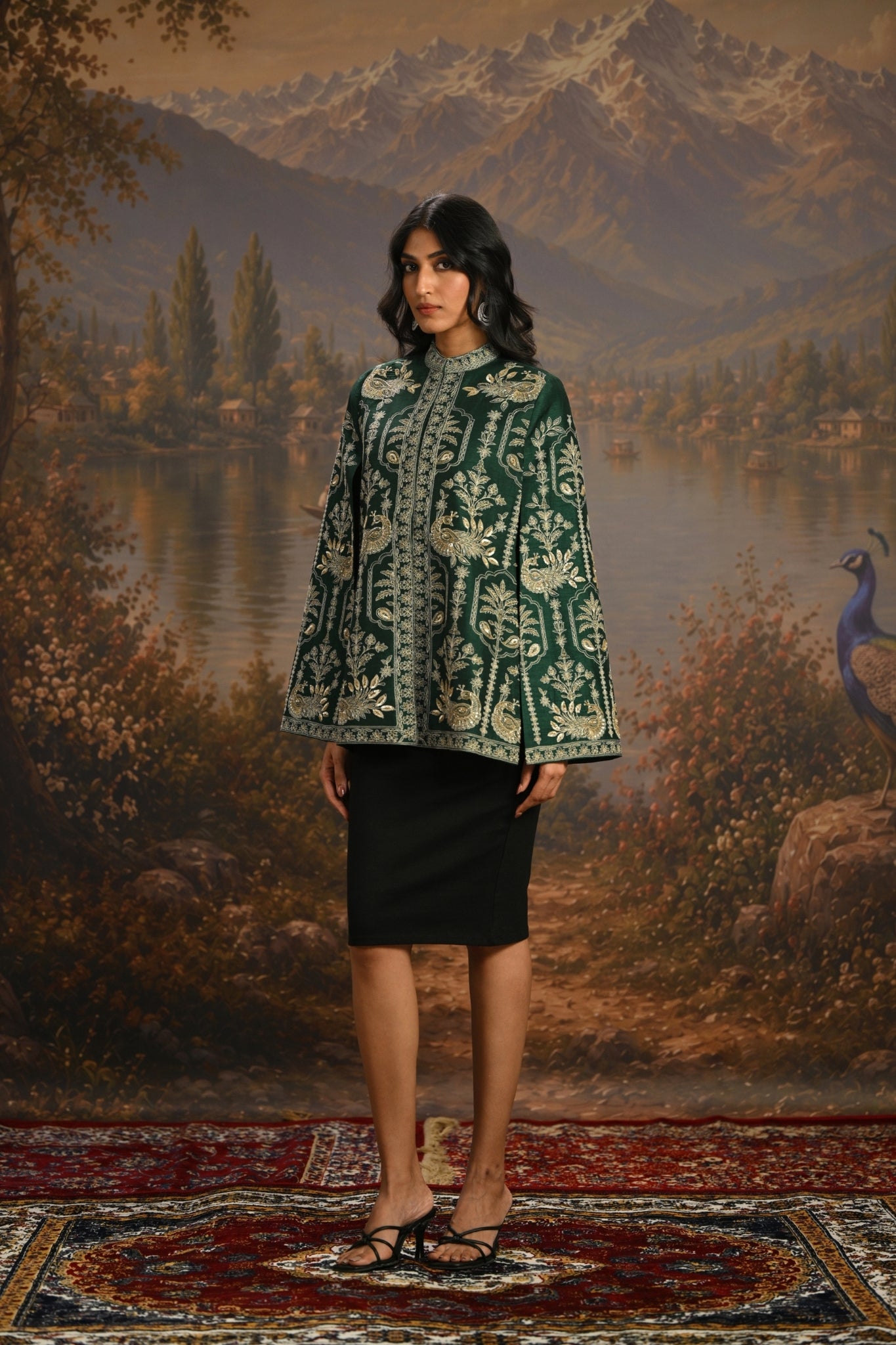 Green Embroidered Peacock Trellis Cape Taroob