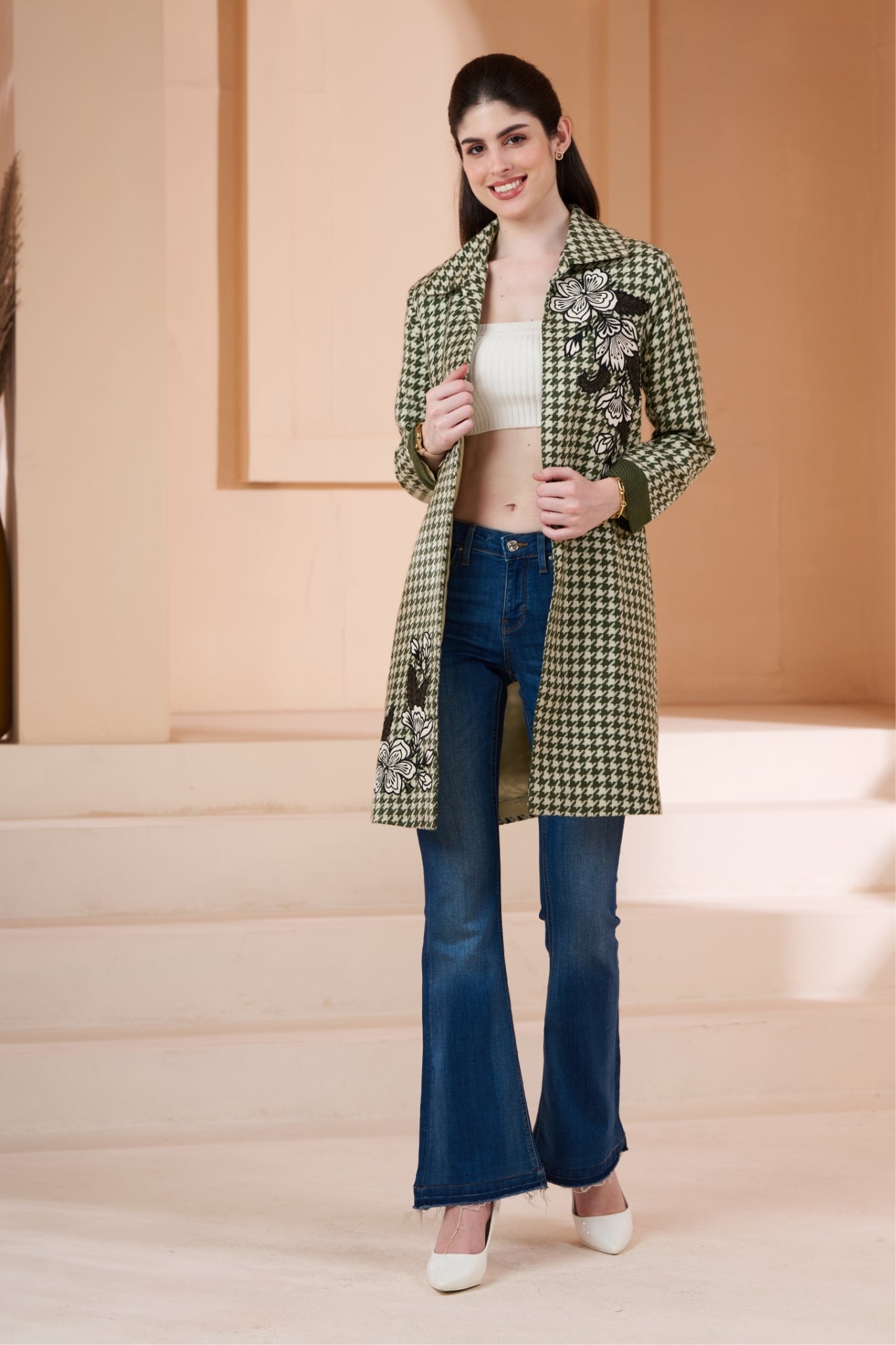 Embroidered Floral Houndstooth Wool Long Coat – Women's – View 8 | Taroob