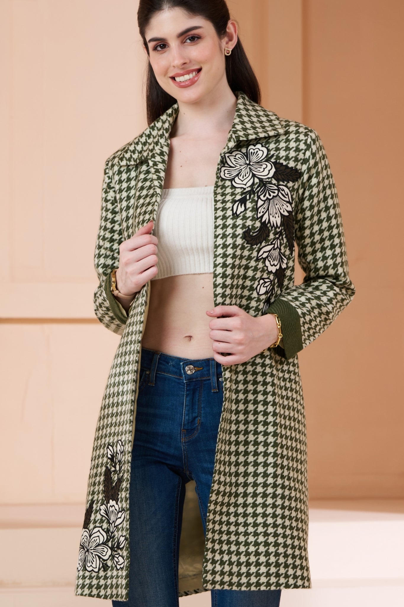 Embroidered Floral Houndstooth Wool Long Coat – Women's – View 9 | Taroob