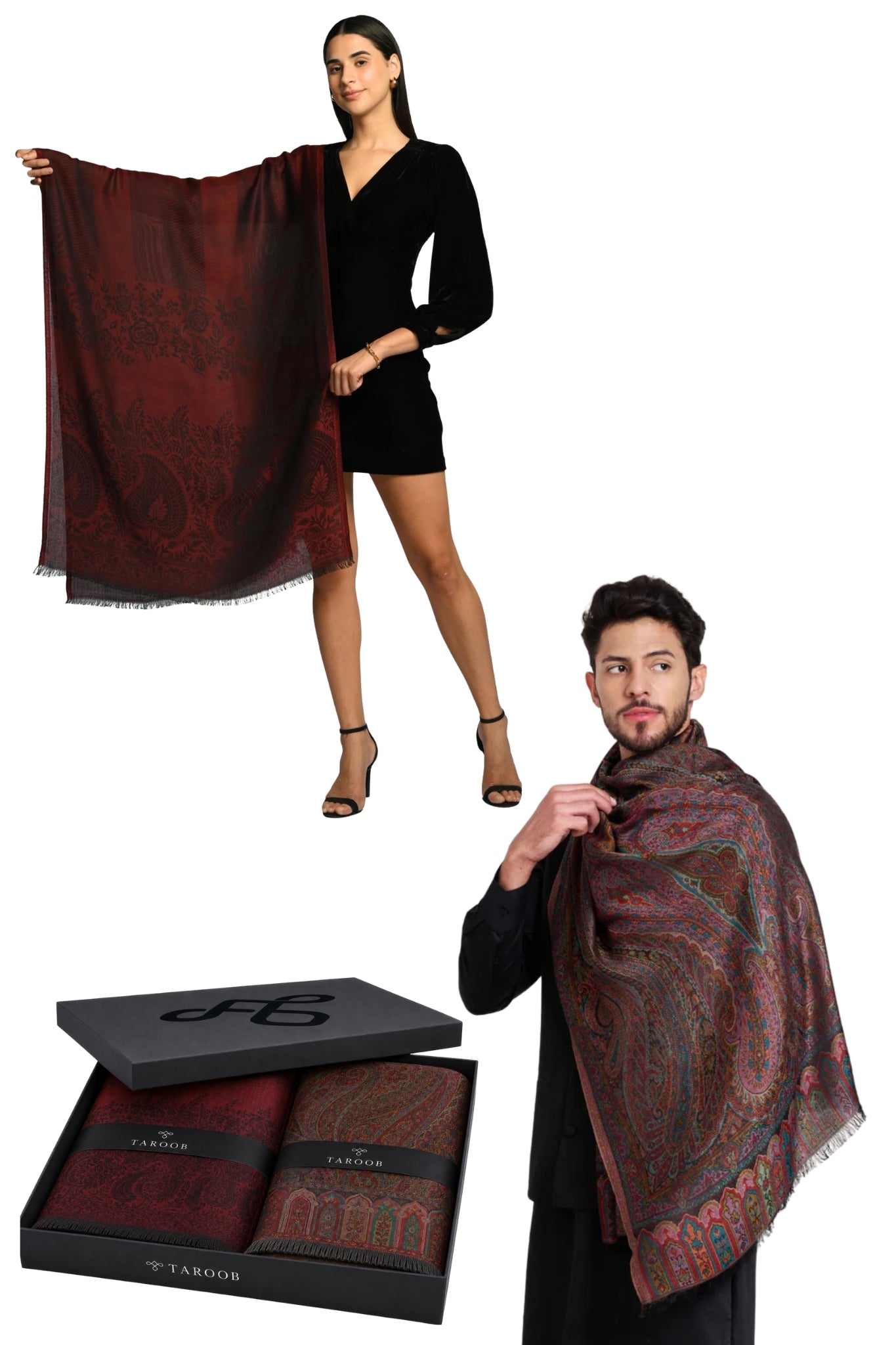 Taroob Couple Gift Set of Regal Kasmiri Jamawar Stoles for Him & Her