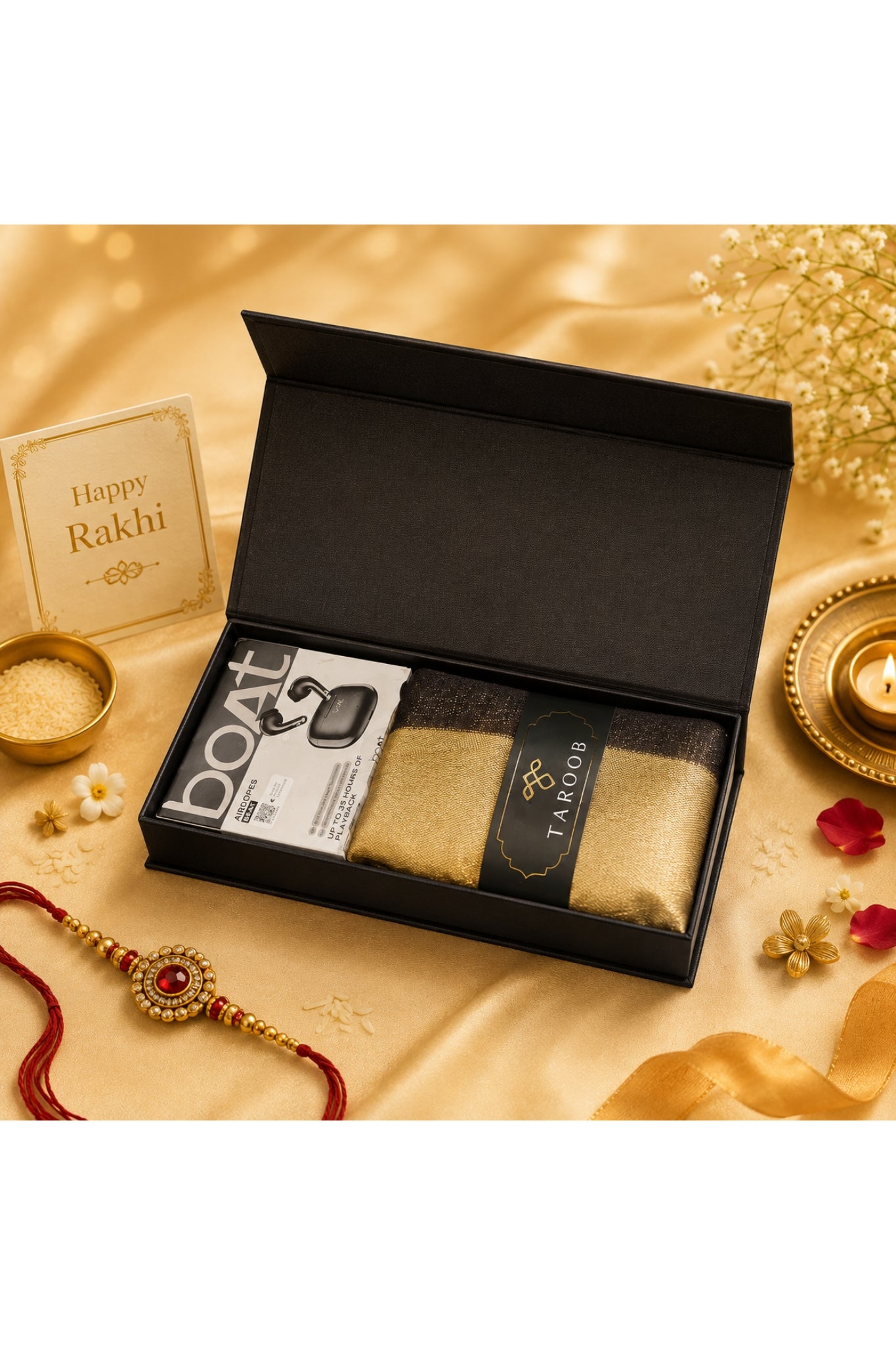 LIMITED EDITION Gift Set of Premium Taroob Solid Resham Stole & BOAT Airdopes