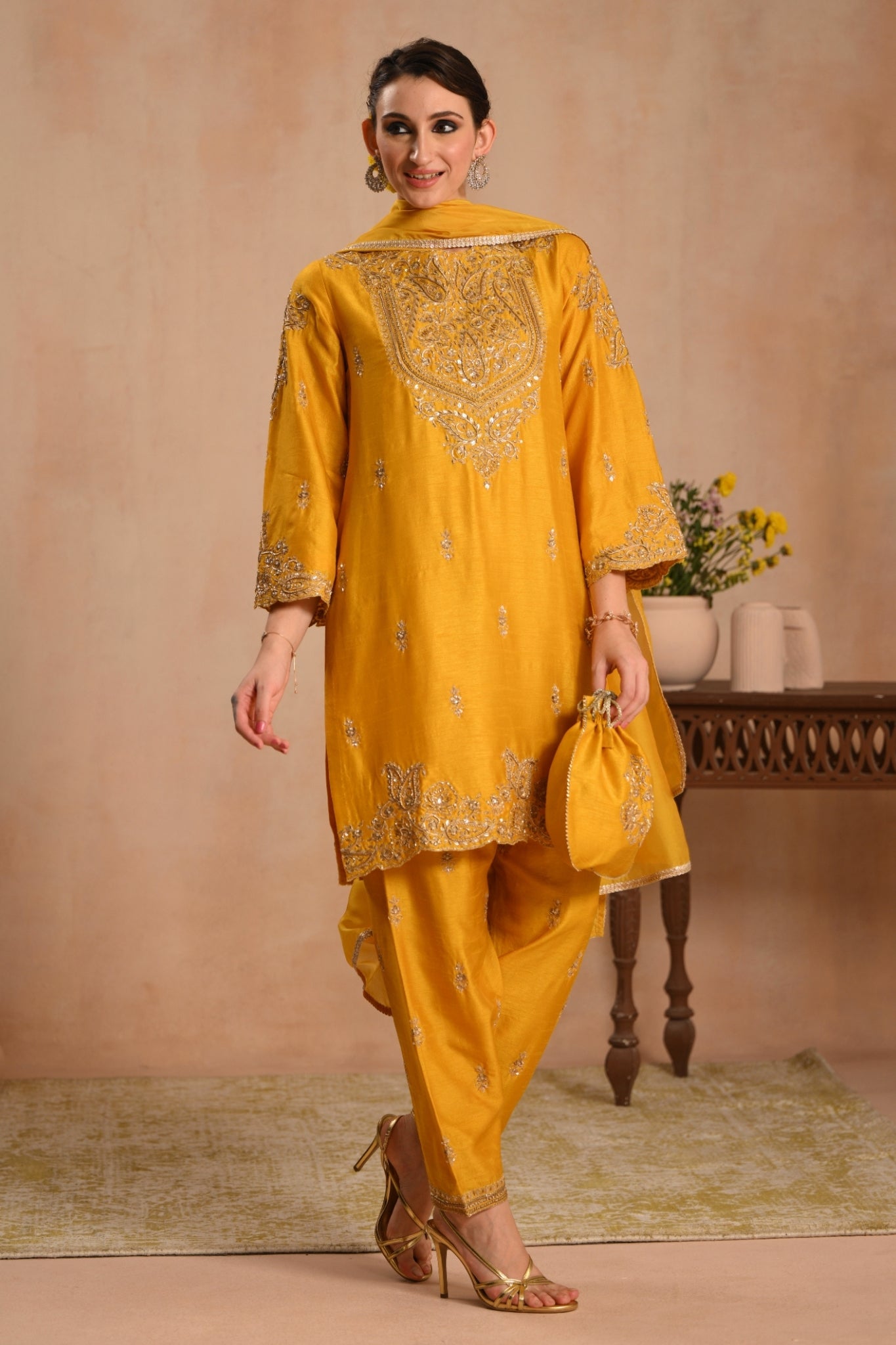 Women's Mustard Zarqash Hand Embroidered Kurta Set Taroob