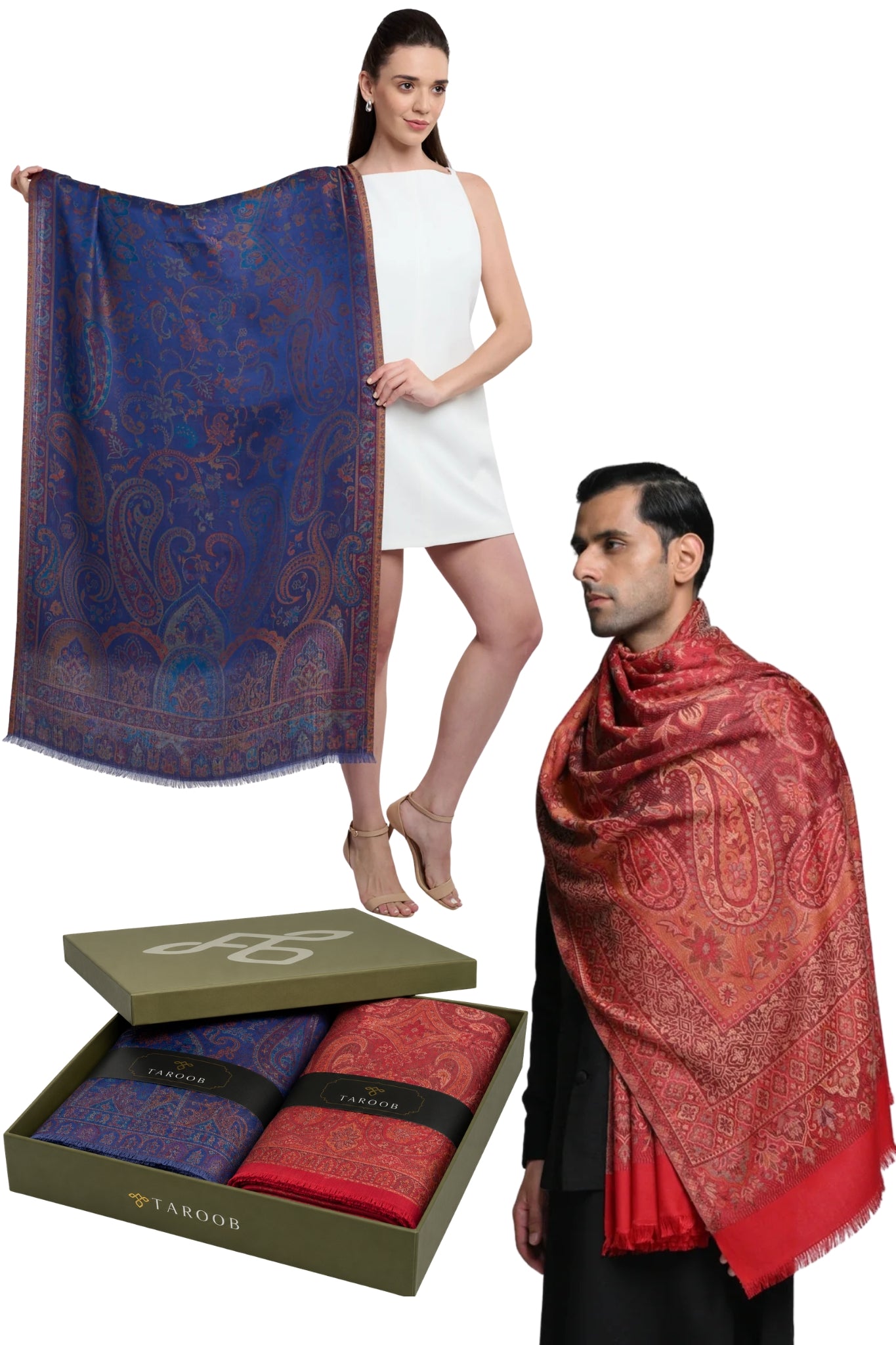 Taroob Gift Set of Faux Pashmina Jamawar Shawl & Silk Jamawar Stole