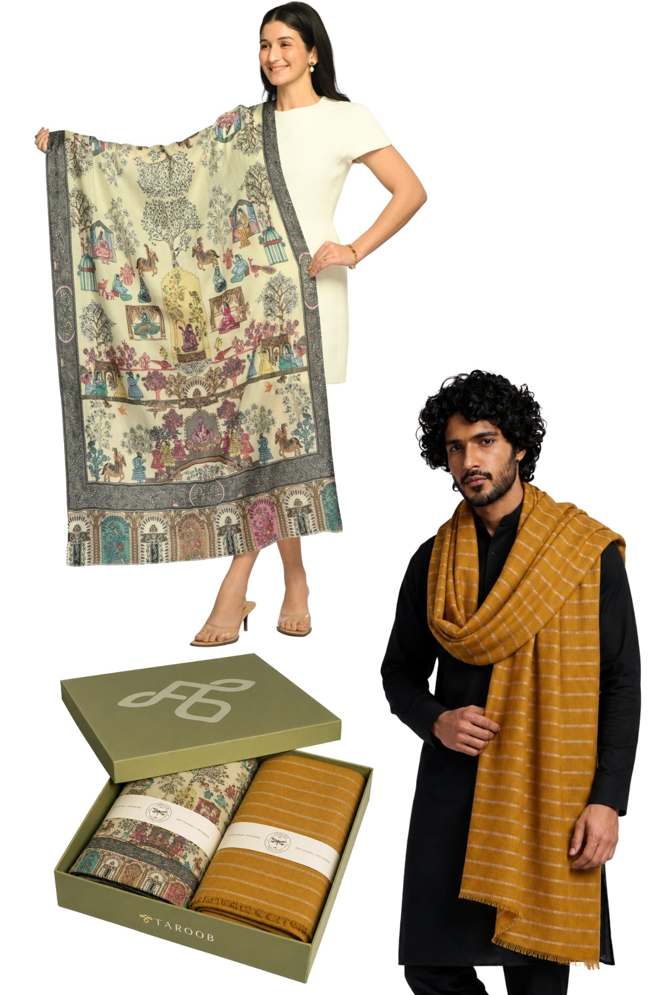 Couple Gift Set of Zari Stole for Him & Kalamkari Stole for Her Taroob